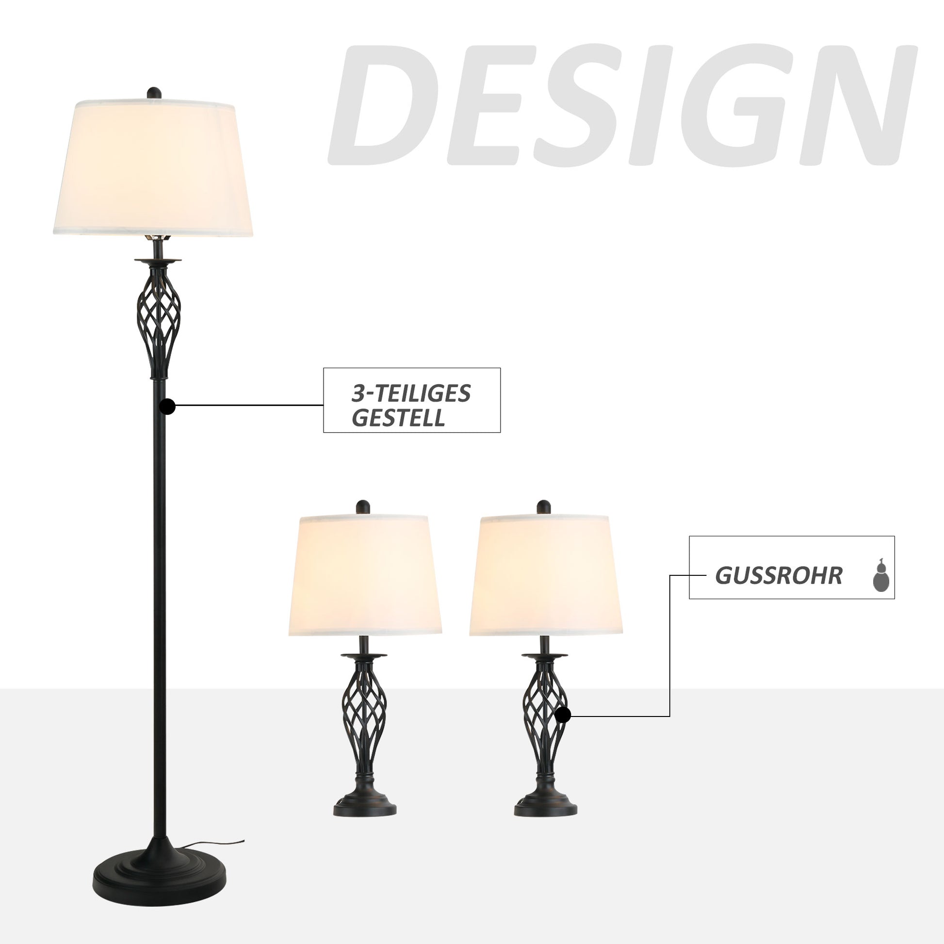 HOMCOM 3er-Lampenset 2 Tischlampe(ø38 x 158H cm) + 1 Stehlampe(ø30 x 62H cm) Vintage Standlampe mit Fußschalter Leselampe für Wohnzimmer, Schlafzimmer Metall, Schwarz+Weiß