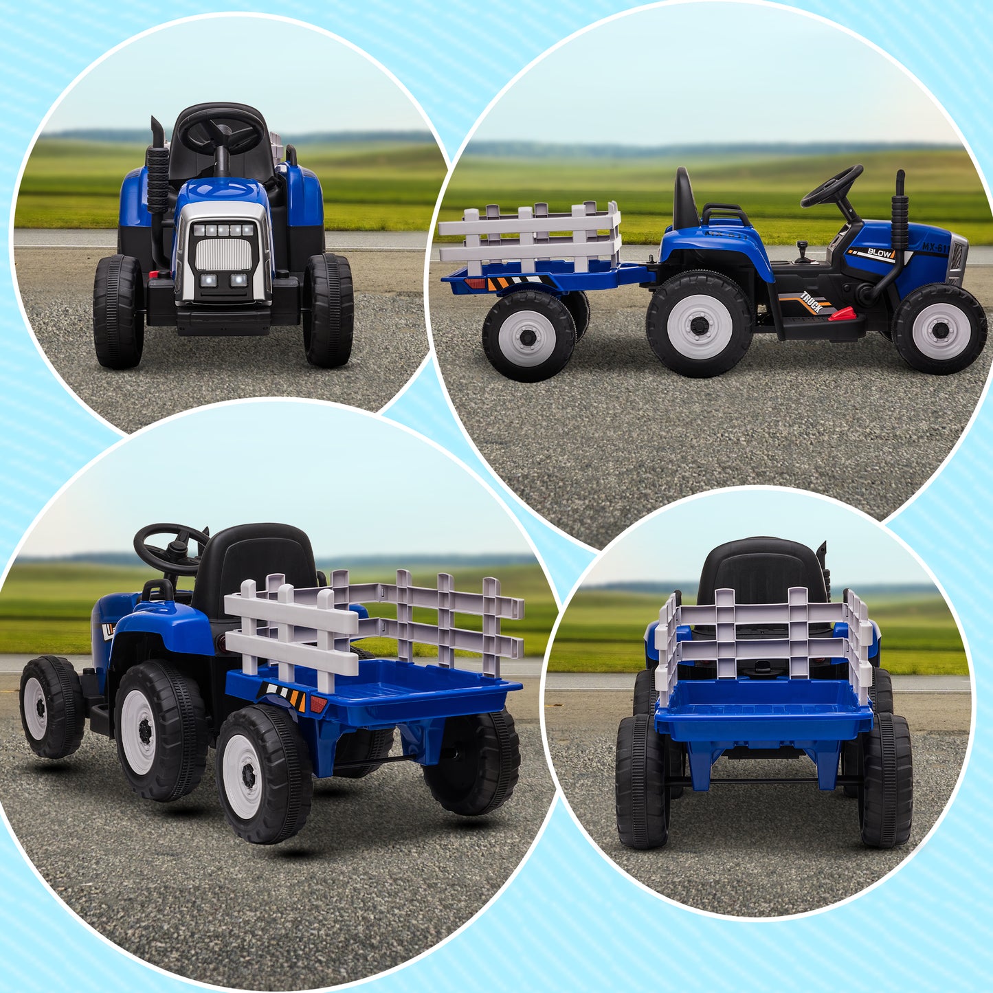 HOMCOM Kinder-Elektroauto mit Anhänger, Fernbedienung, Scheinwerfer, 3-6 km/h, für 3-6 Jahre, Blau