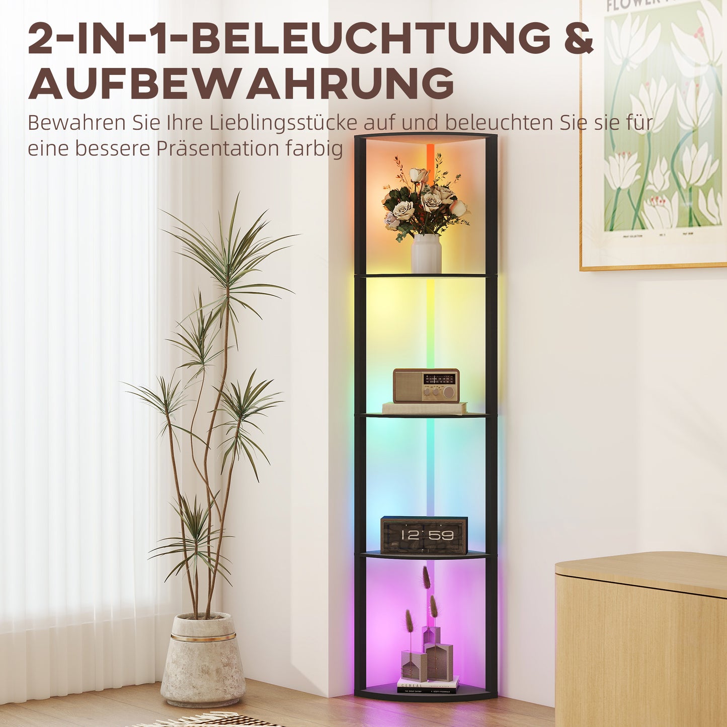 HOMCOM LED Stehlampe 5-stufige dimmbar Stehleuchte mit Regal, RGB Farbwechsel, Fernbedienung