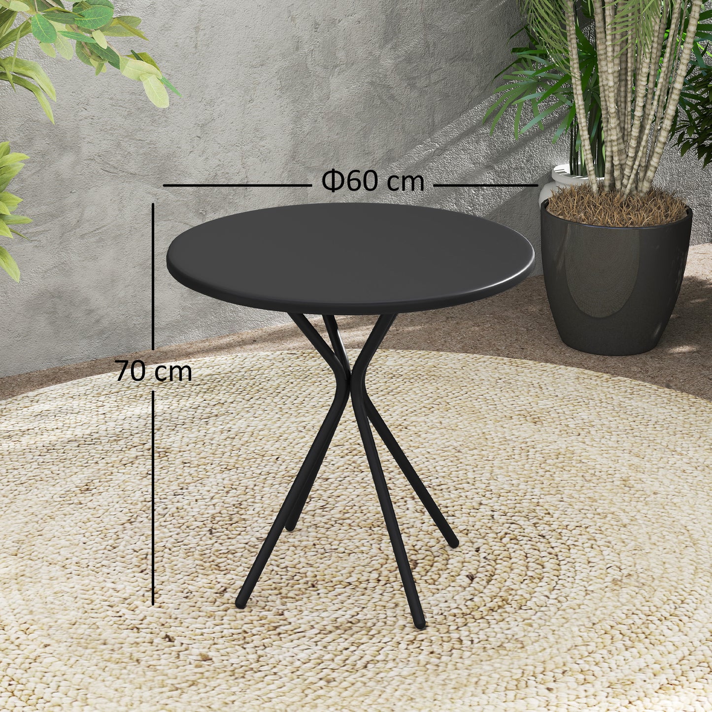 Outsunny Gartentisch Ø60 x 70 cm, Wetterfest Balkontisch aus Stahl, Runder Esstisch mit Fußpolster Schwarz