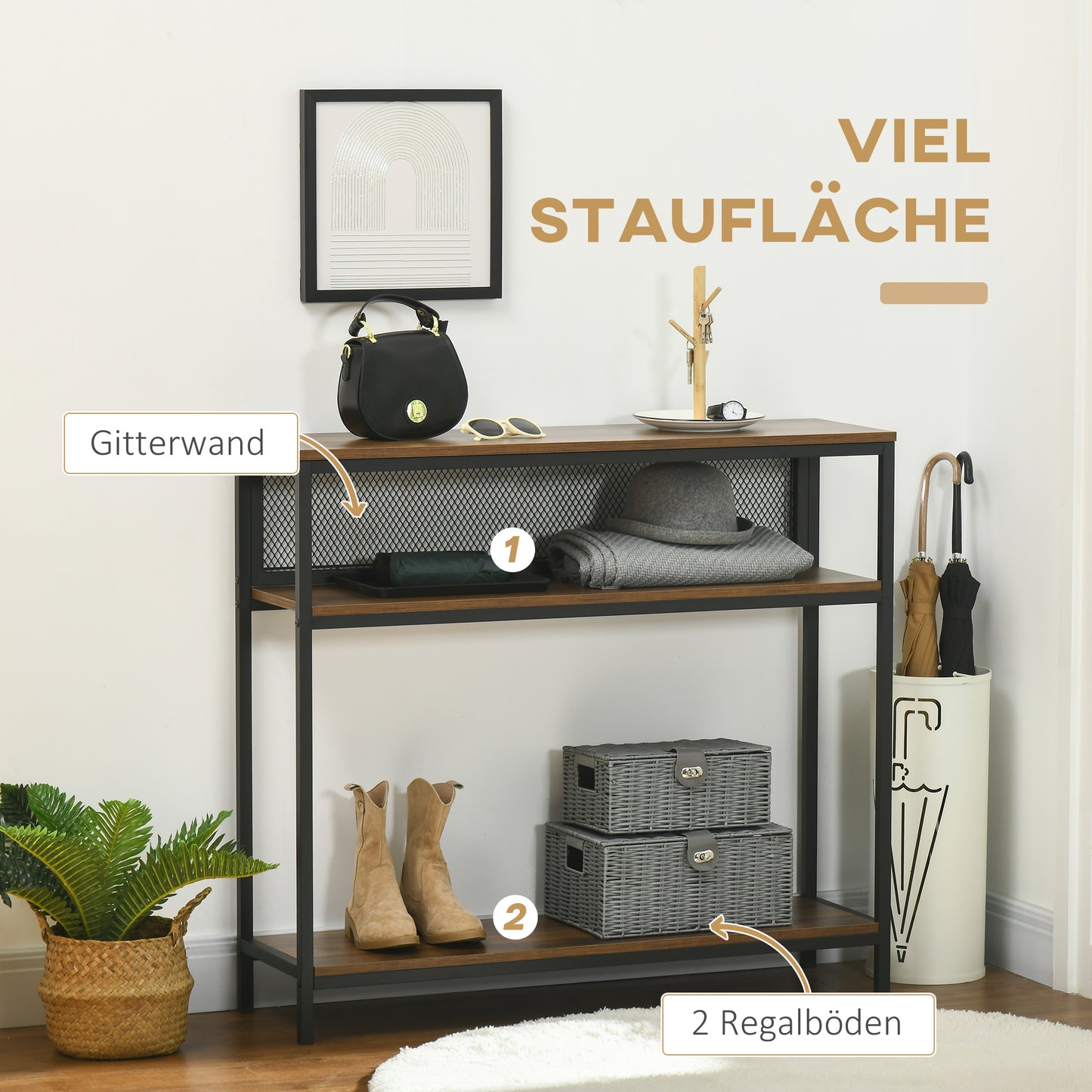 HOMCOM Sideboard Konsolentisch Flurregal, Industriedesign, 100 cm x 29,5 cm x 90 cm, Braun + Schwarz