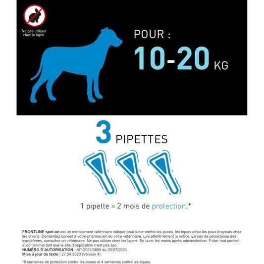 FRONTLINE 3 SPOT ON Antiparasitic Pipettes for Dogs - 10 to 20 kg - Fleas, ticks, lice