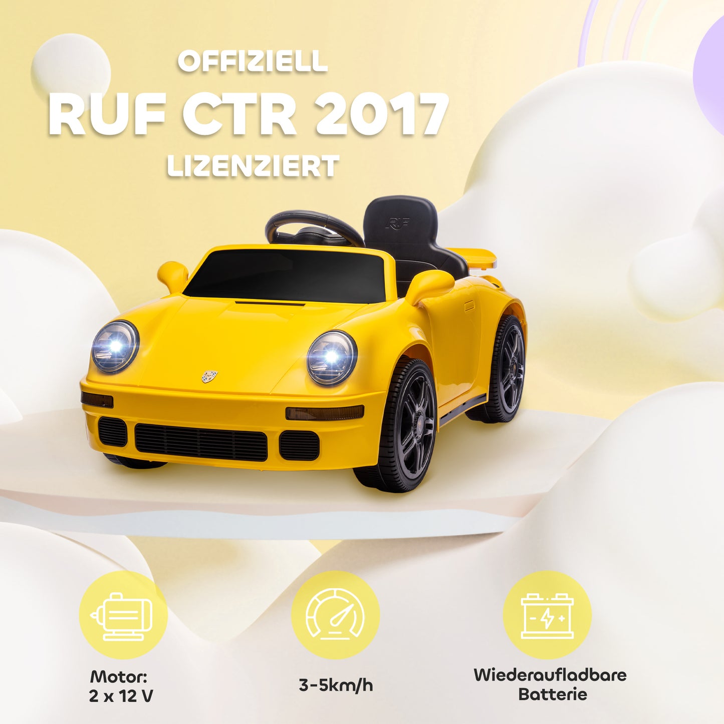 AIYAPLAY Kinder-Elektroauto, 12V Kinderauto mit Fernbedienung, sanfter Start, MP3-Player, LED-Lichter, Hupe, Energieanzeige, Gelb