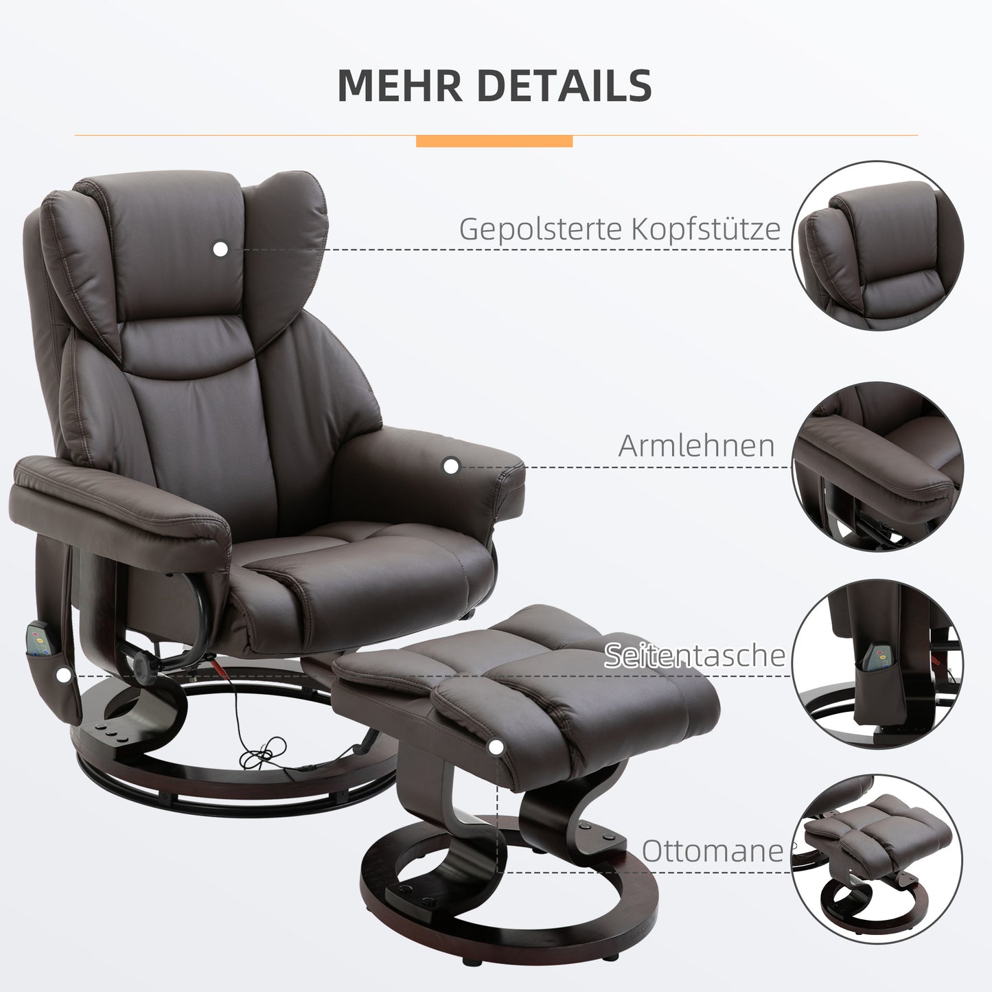 HOMCOM Relaxsessel mit Hocker, 360°drehbarer Fernsehsessel mit Massage, Liegefunktion, Massagesessel mit Seitentasche, Liegesessel, Kunstleder für Wohnzimmer Braun