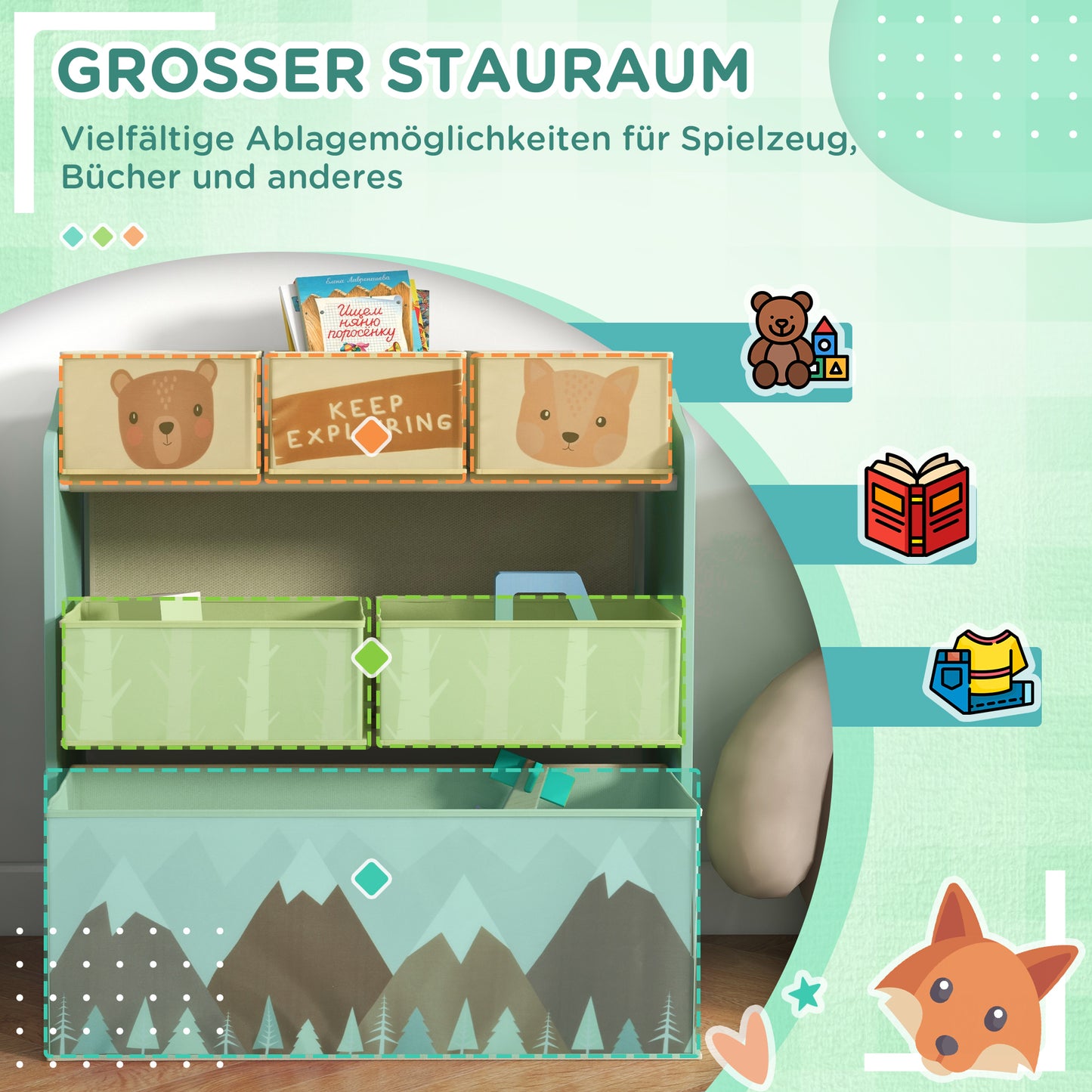 ZONEKIZ Kinderschrank mit 6 Stoffboxen, niedliches Motiv, 63x30x66 cm, Grün