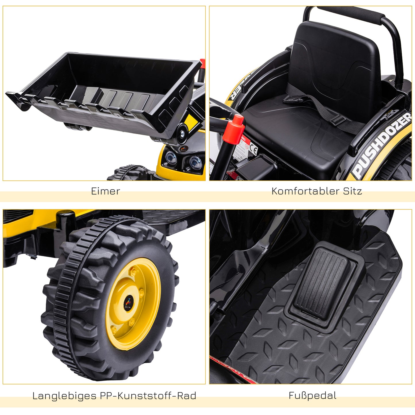 HOMCOM Kinder Elektrobagger Sitzbagger für Kinder Aufsitzbagger Geländewagen traktor elektrisch zum Fahren mit Musik Schaufel Armen 3–5 Jahre PP-Kunststoff Stahl Gelb 132 x 62 x 65 cm