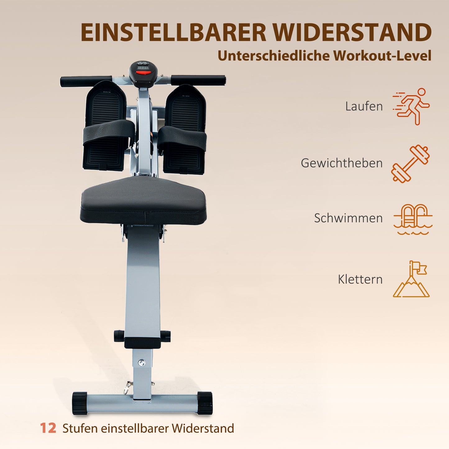 HOMCOM Rudergerät für Zuhause, Hydraulisches Fitness-Rudergerät mit LCD-Display, 12 Widerstandsstufen, Rudermaschine belastbar bis 100kg Fitnessgerät Trainingsgerät für das Ganzkörpertraining