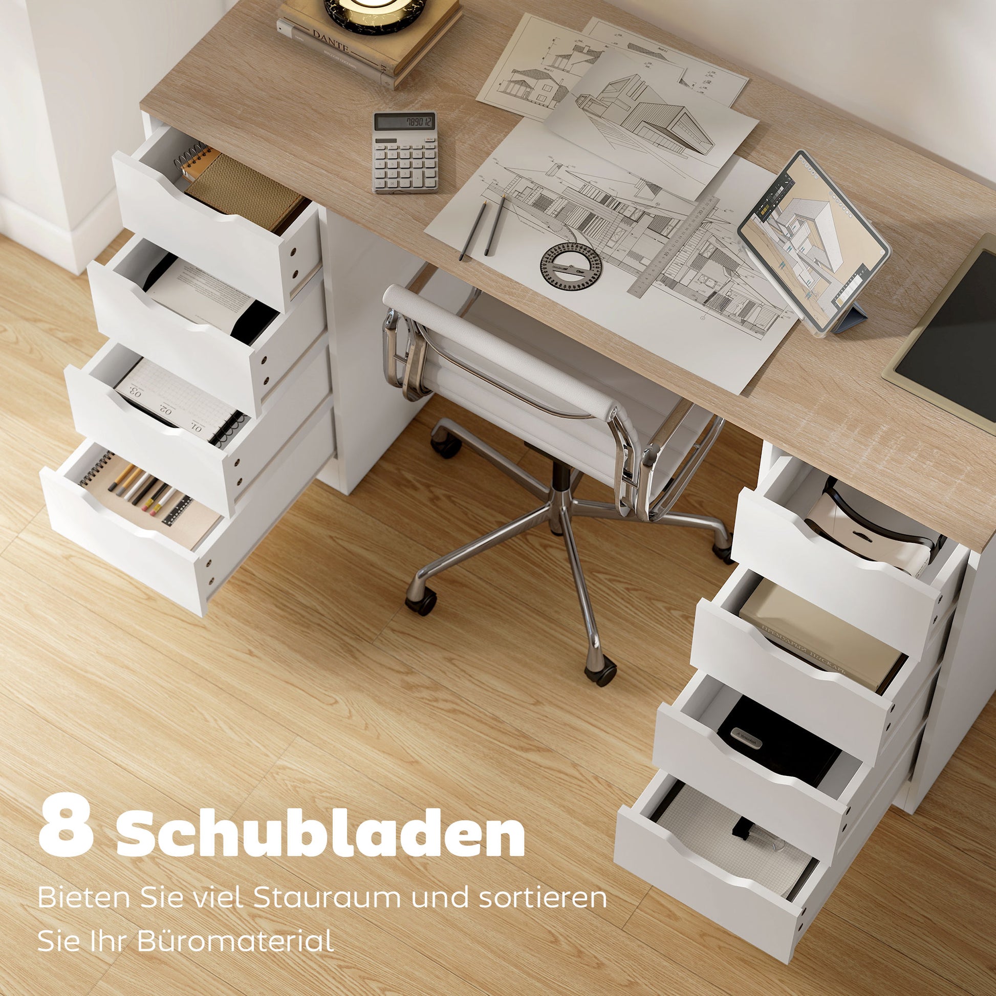 HOMCOM 140 cm Computertisch, 8 Schubladen, Schreibtisch für Homeoffice, Schlafzimmer, Stahl, Holz, Weiß