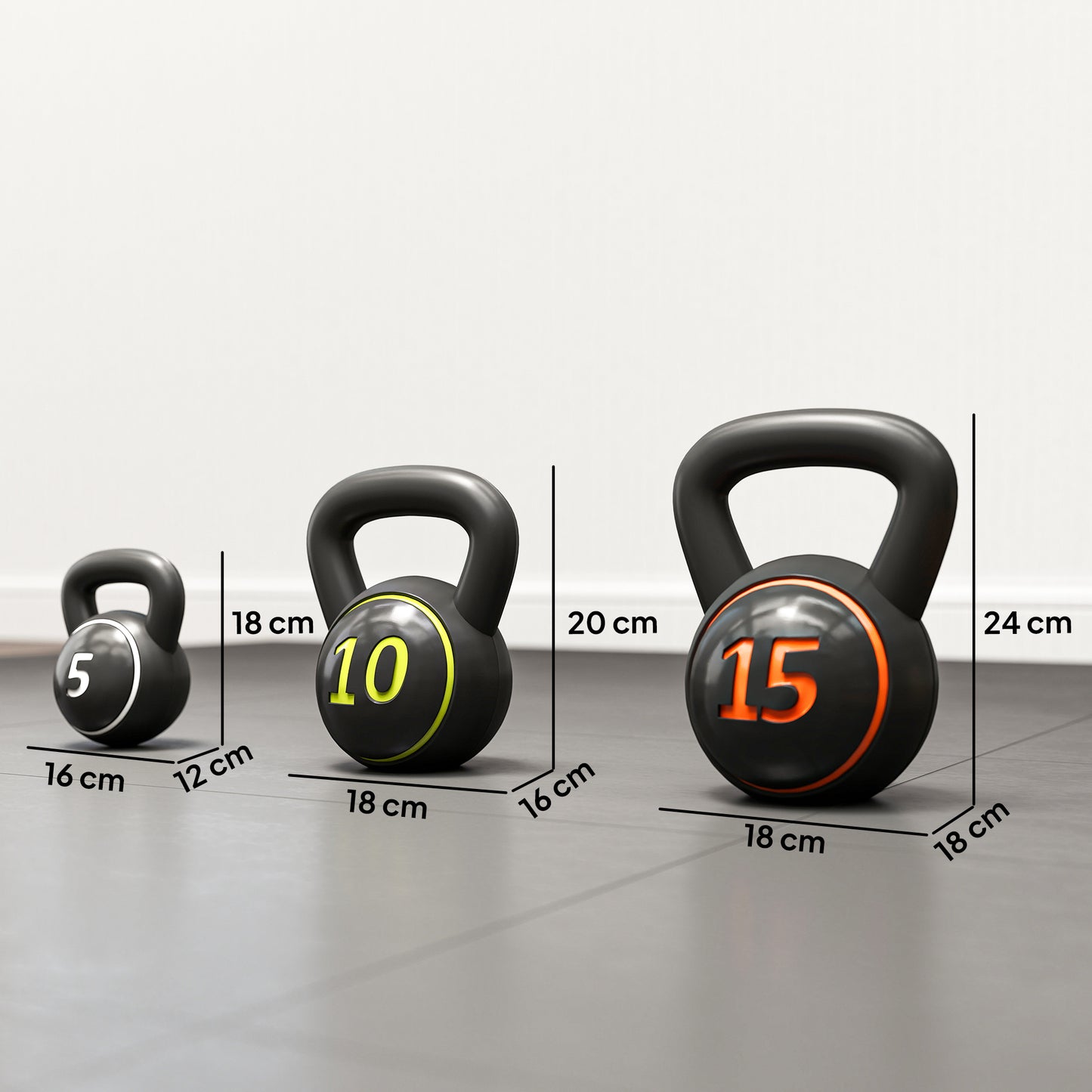SPORTNOW Kettlebell Set, 3 Kugelhanteln 2,2kg/4,5kg/6,8kg, Kunststoffhülle, Schwarz