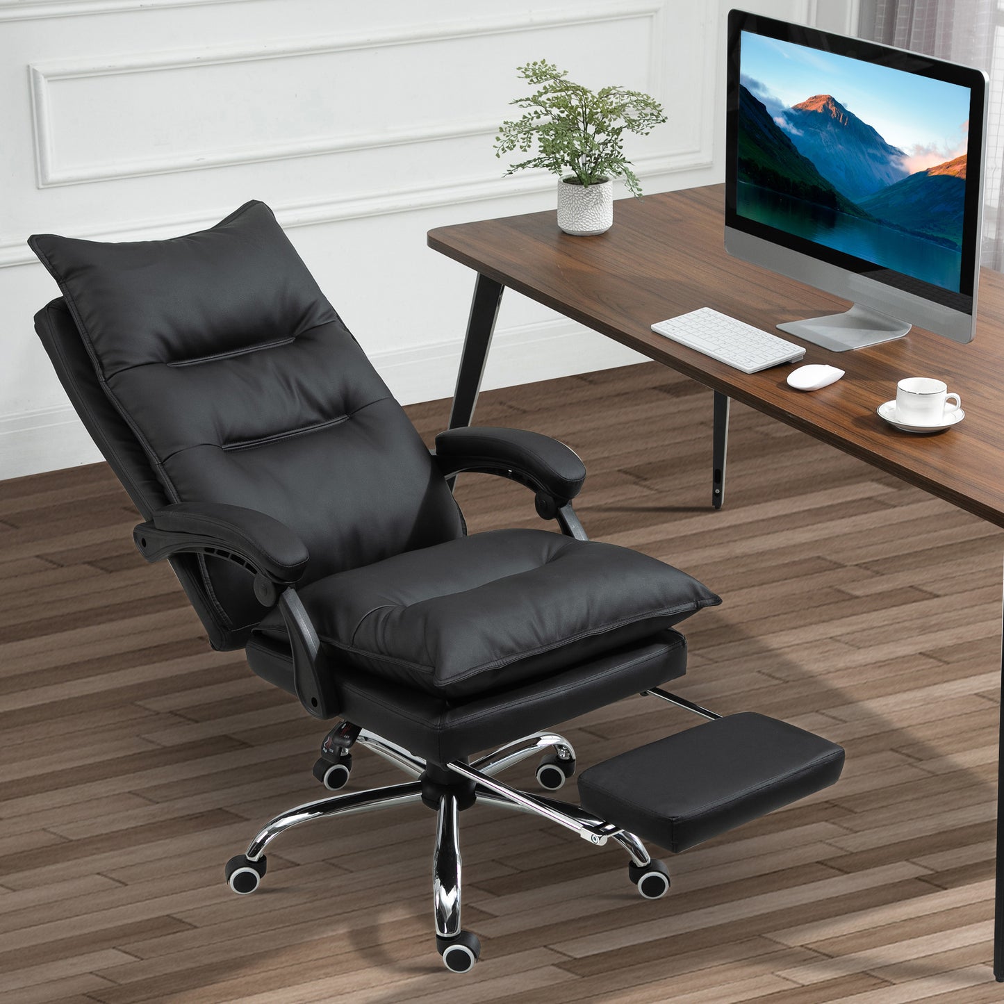 Vinsetto Bürostuhl Ergonomischer Schreibtischstuhl mit Armlehne, Fußstütze, Höhenverstellbarer Drehstuhl aus Kunstleder, Gepolstert Computerstuhl, Schwarz