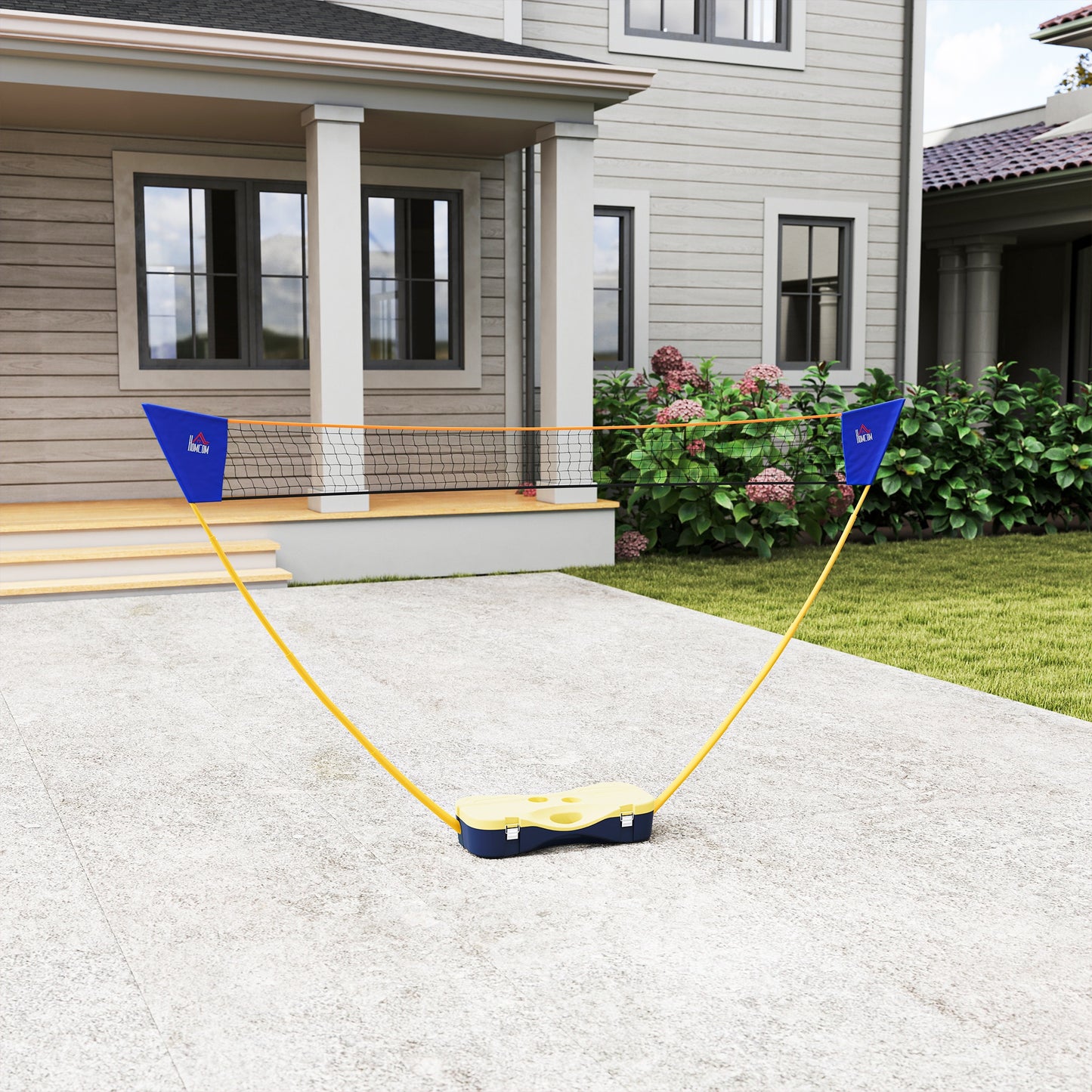 HOMCOM Badminton Netz mit Stand, Badminton-Netzständer, tragbarer Netzständer, Badmintonnetz mit 4 Badminton-Schlägern, Outdoor-Sport, Gelb+Blau, 286 x 33 x 157 cm