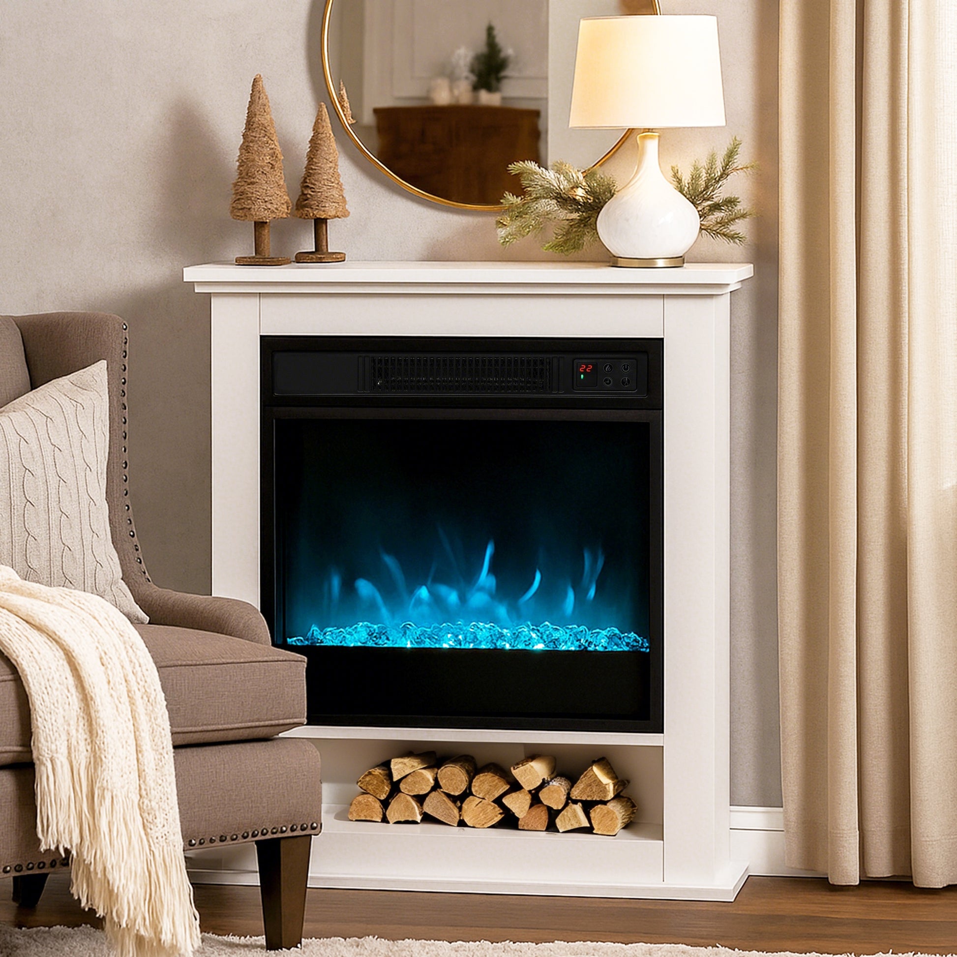 HOMCOM Elektrischer Kamin, realistische Flammen mit 9 Farben, verstellbare Helligkeit, 1800W, Fernbedienung, Timer, Weiß