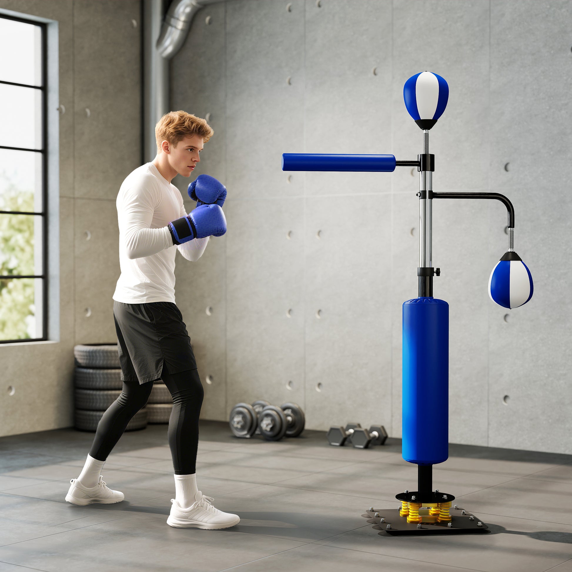 SPORTNOW Boxstand, zwei Speedballs, drehbare Boxstange, Kickpolster, höhenverstellbar, Stahl, 107 x 36 x 140-205 cm, Blau