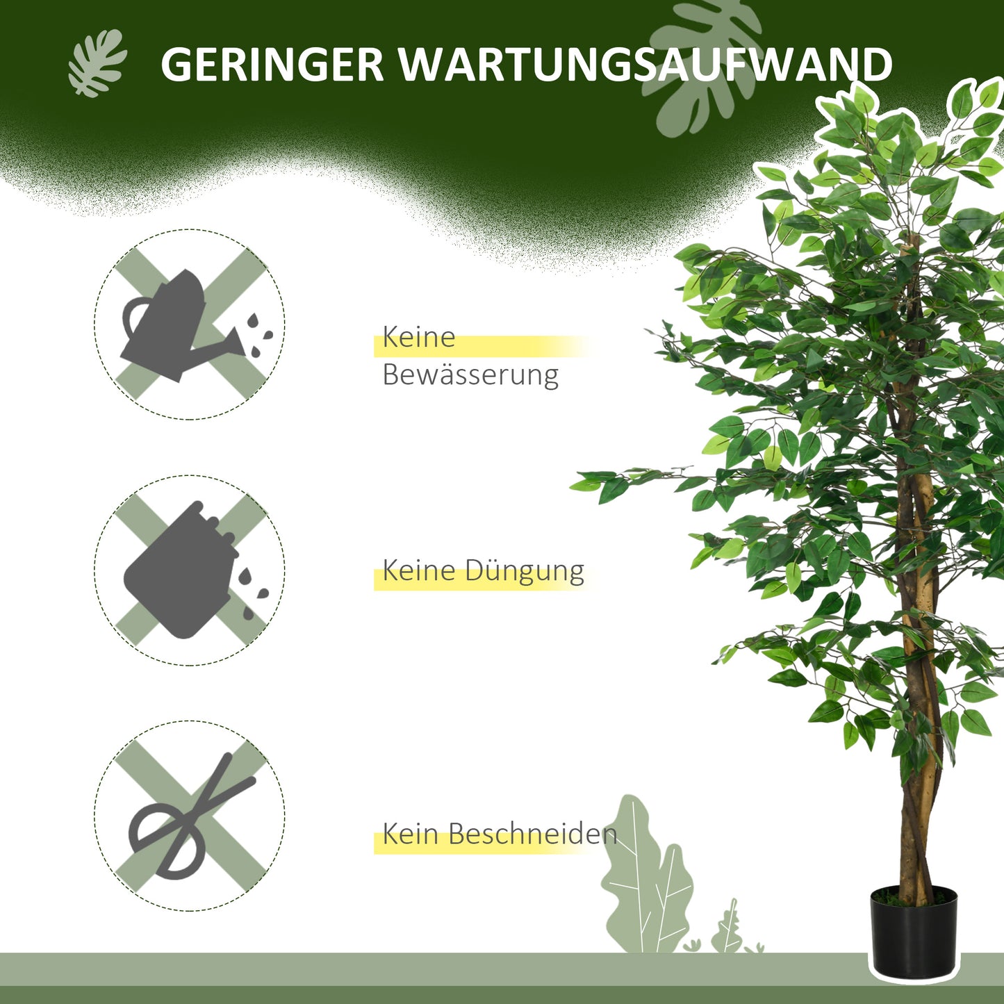 HOMCOM Ficusbaum Kunstpflanze, naturgetreu, 150 cm hoch, mit Topf, Grün