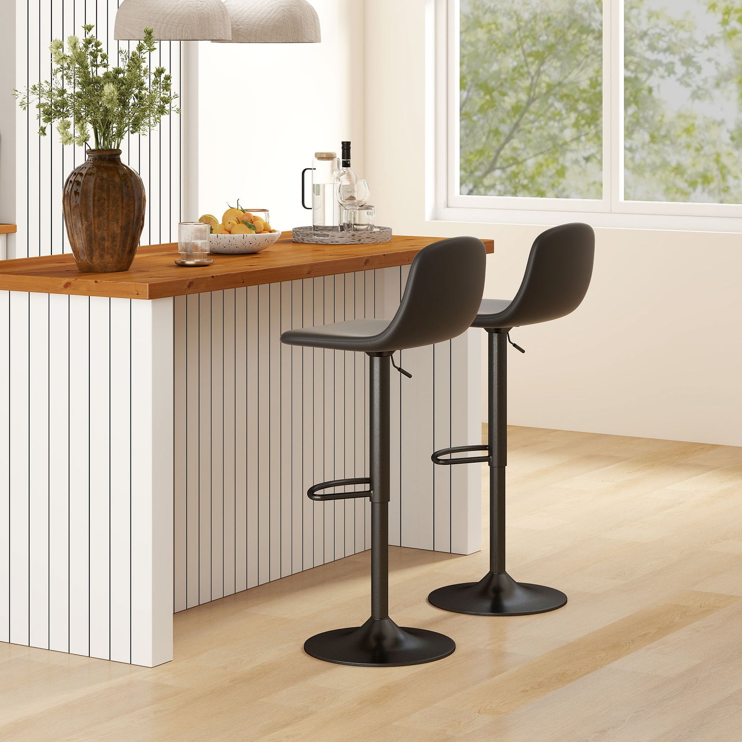 HOMCOM 2er-Set Barhocker, Barstühle mit Kunstlederbezug, drehbar, mit Rückenlehne und Fußstütze, Metallbasis, Schwarz