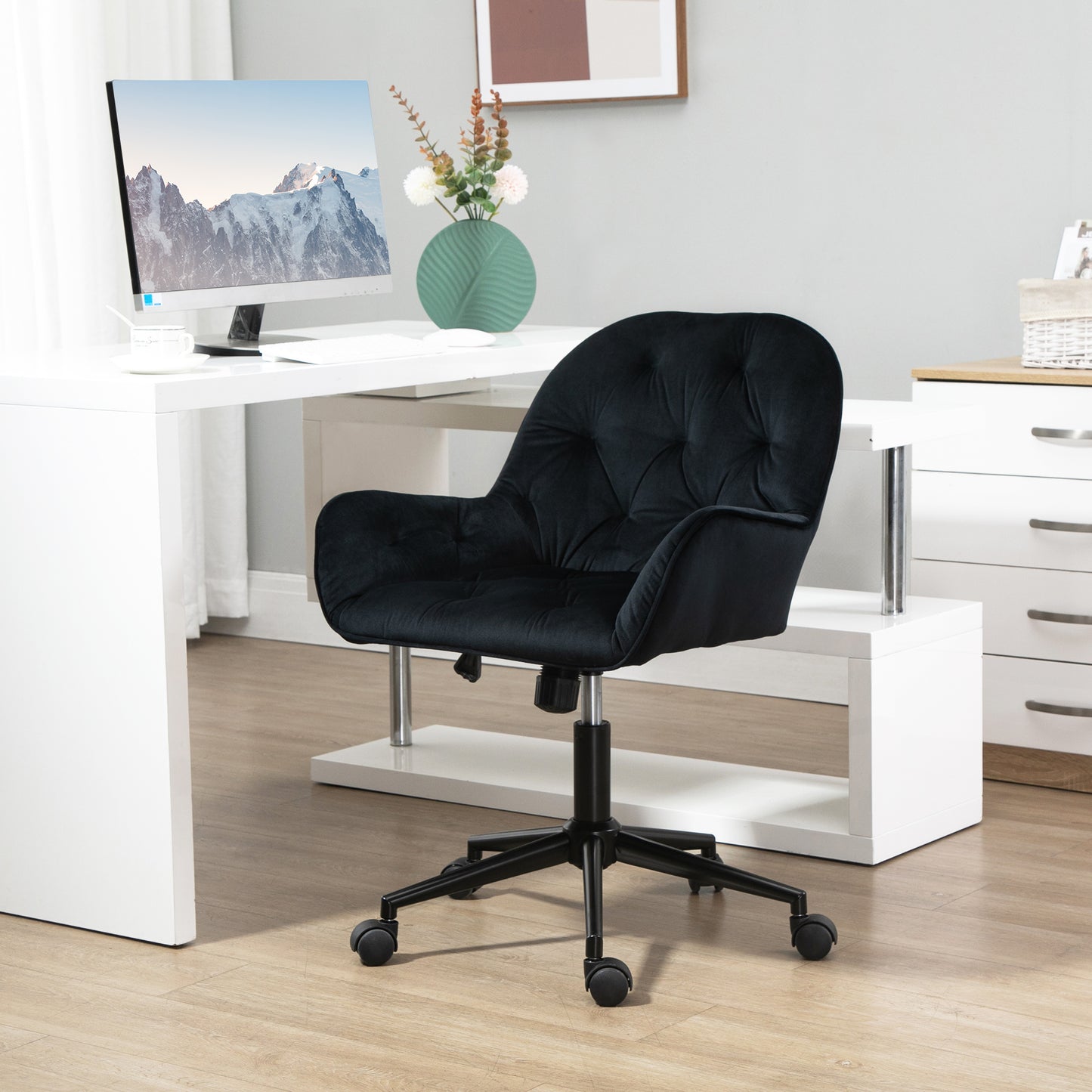 Vinsetto Homeoffice Stuhl Schreibtischstuhl mit Samtoptik höhenverstellbar Drehstuhl Schminkstuhl Bürostuhl bis 120 kg belastbar, für Arbeitszimmer, Schlafzimmer Schwarz