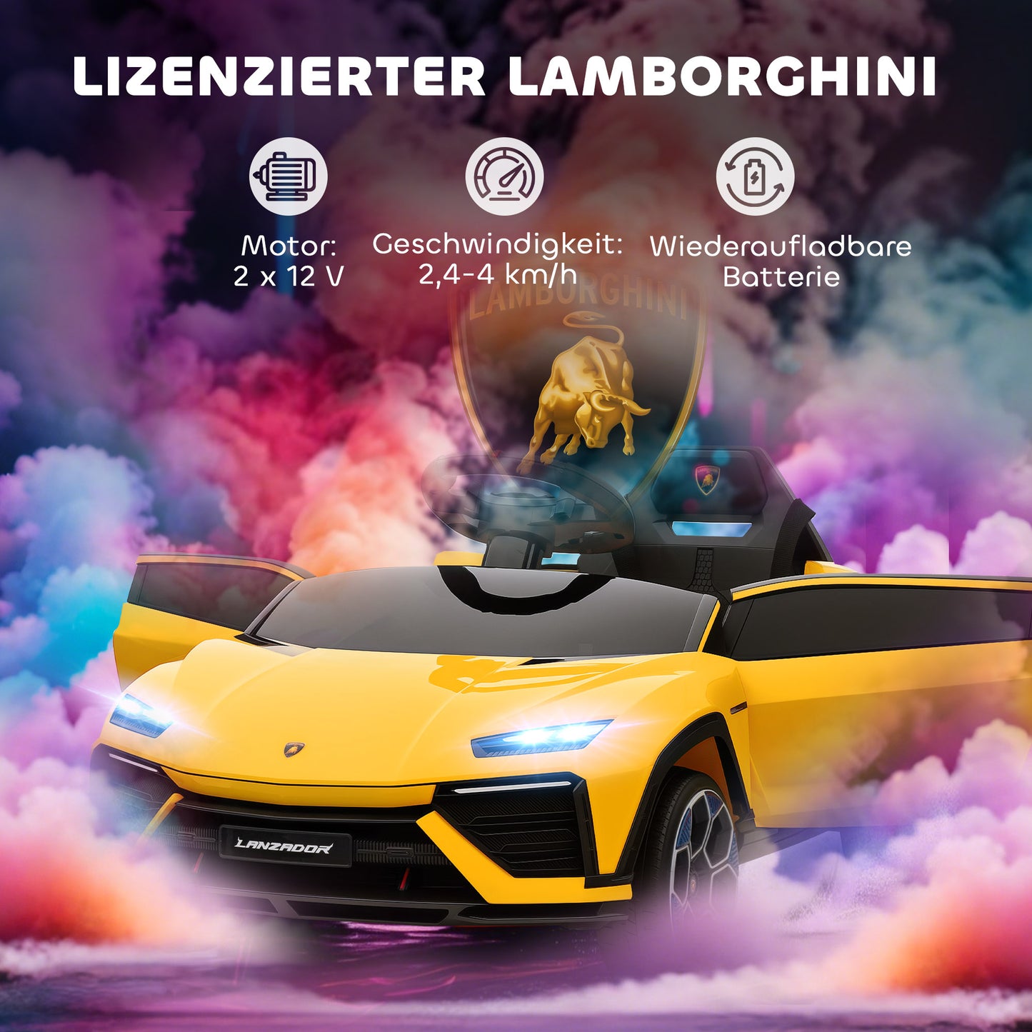 AIYAPLAY Kinder Elektroauto 12V Kinderauto mit 2,4 GHz Fernbedienung, 2 Motor, Hupe, LED, Musik, 101,5 x 49 x 43 cm, Gelb