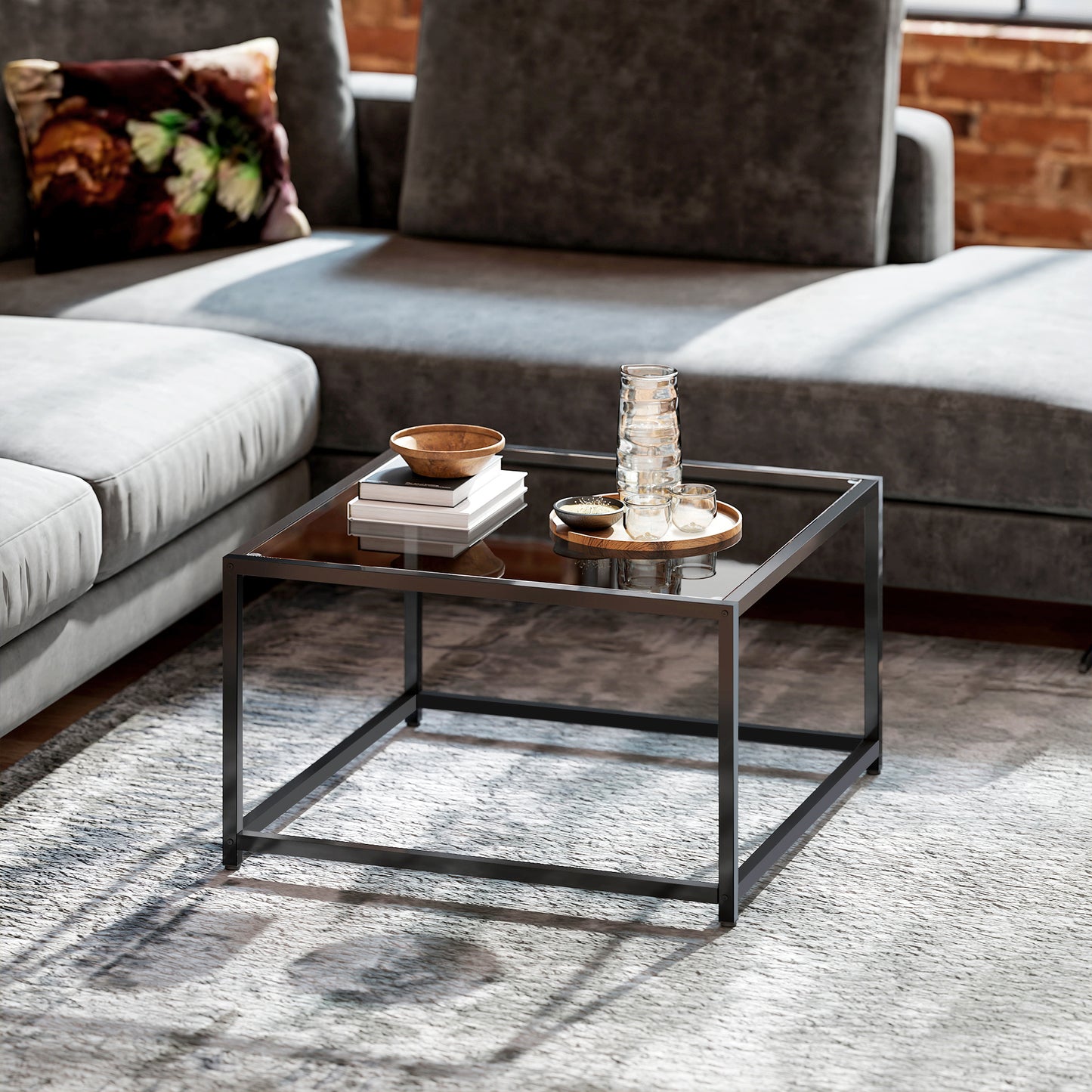 HOMCOM Beistelltisch Quadratisch Nachttisch mit Hartglas-Tischplatte, Couchtisch mit Beinen aus Stahl 68 x 68 x 39 cm Schwarz