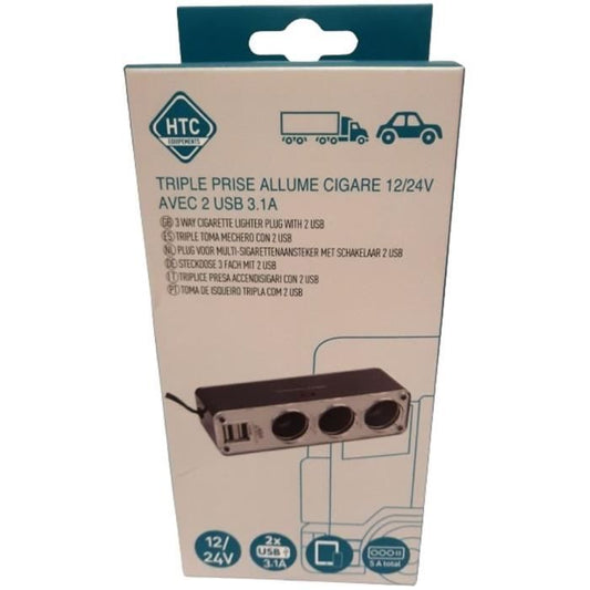 Triple cigarette lighter socket 12/24V - HTC EQUIPEMENT - With two USB 3.1A Total