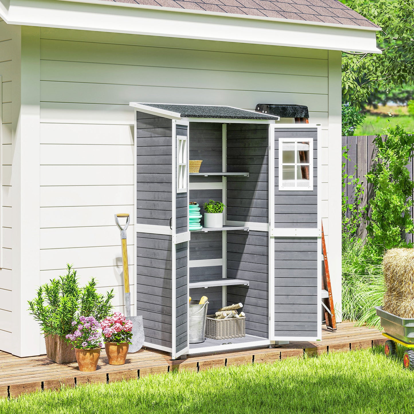 Outsunny Gartenlagerschuppen, Werkzeugschuppen mit 2 Fenstern, Bodenpfähle, Asphalt-Dach, 91 x 69 x 192 cm, Tannenholz, Hellgrau