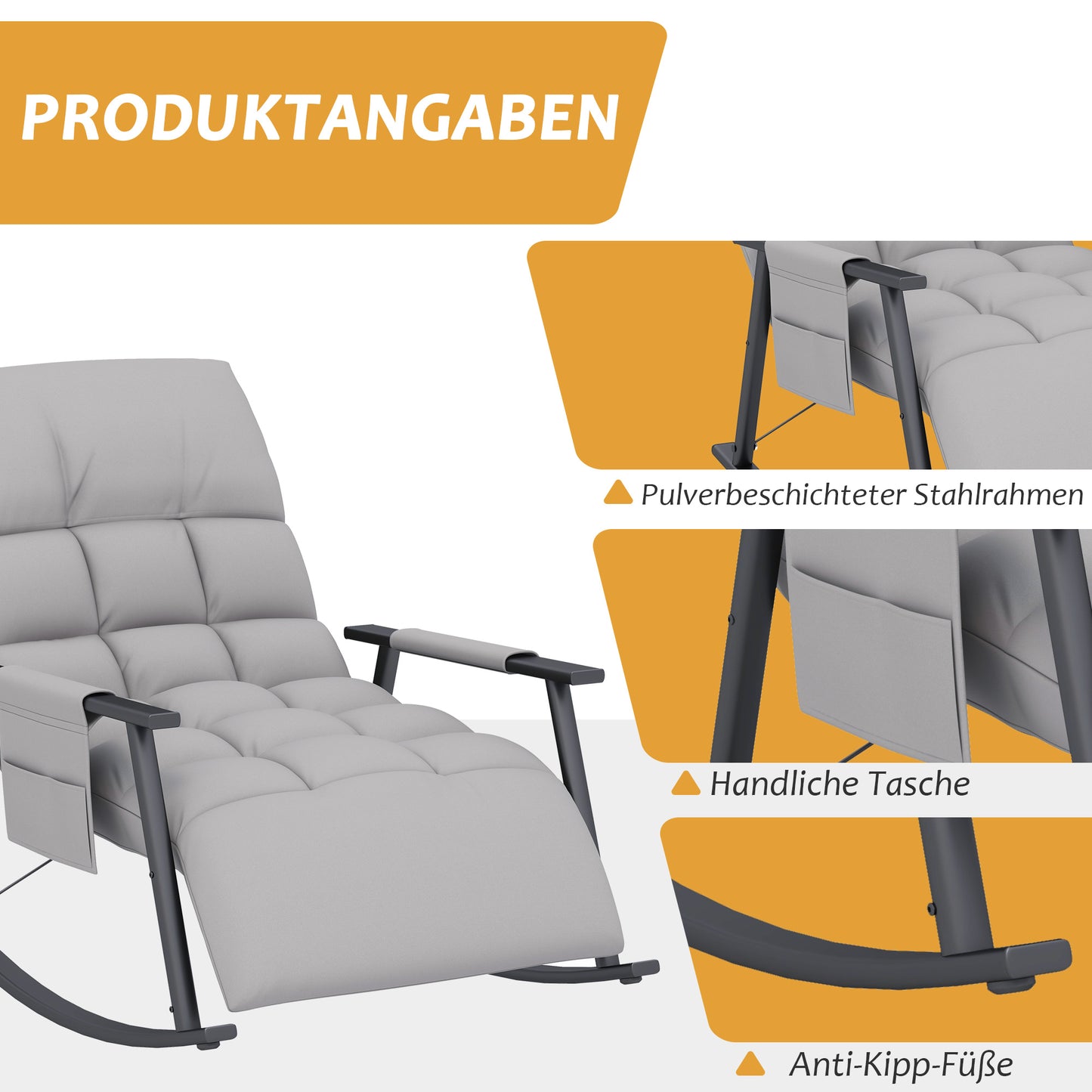HOMCOM Schaukelstuhl, verstellbare Rückenlehne & Fußstütze, Seitentasche, Mikrofaserbezug, Metallrahmen, Grau