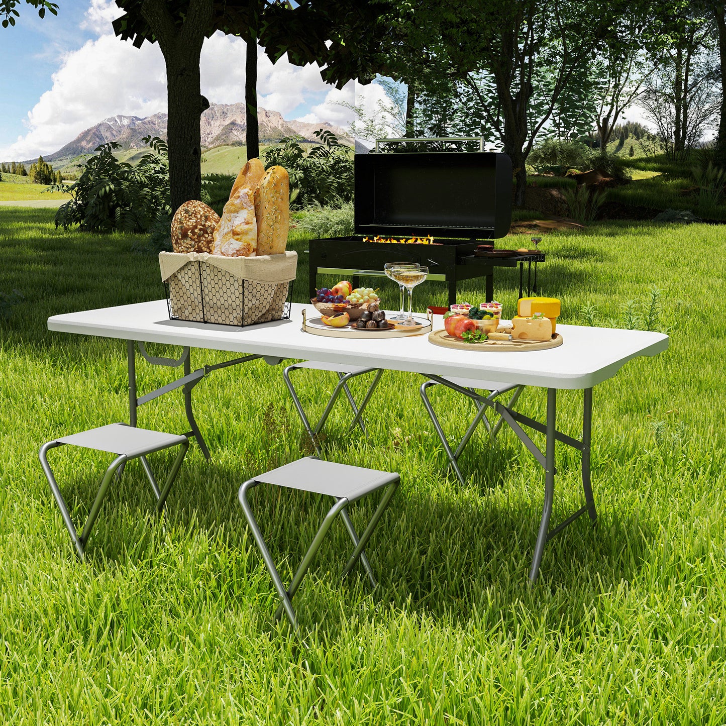 Outsunny Klapptisch, Faltbarer Campingtisch, Metall, Kunststoff, Picknicktisch, Weiß