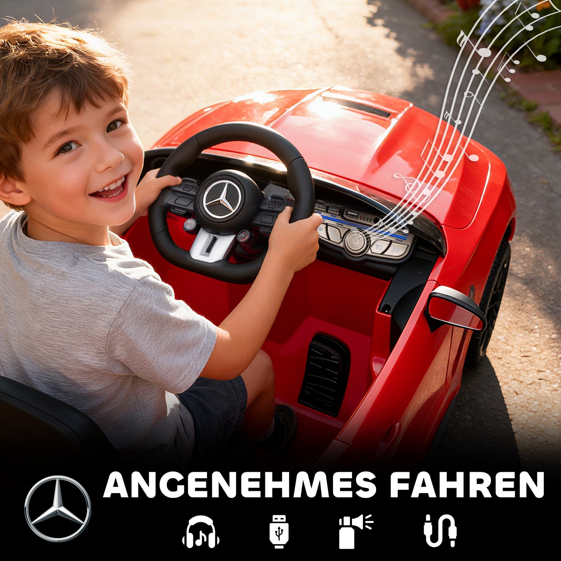 AIYAPLAY Kinder-Elektroauto, Mercedes-Design, 12V Motoren, Fernbedienung, LED-Lichter, Musik, für 3-6 Jahren Kinder, Rot