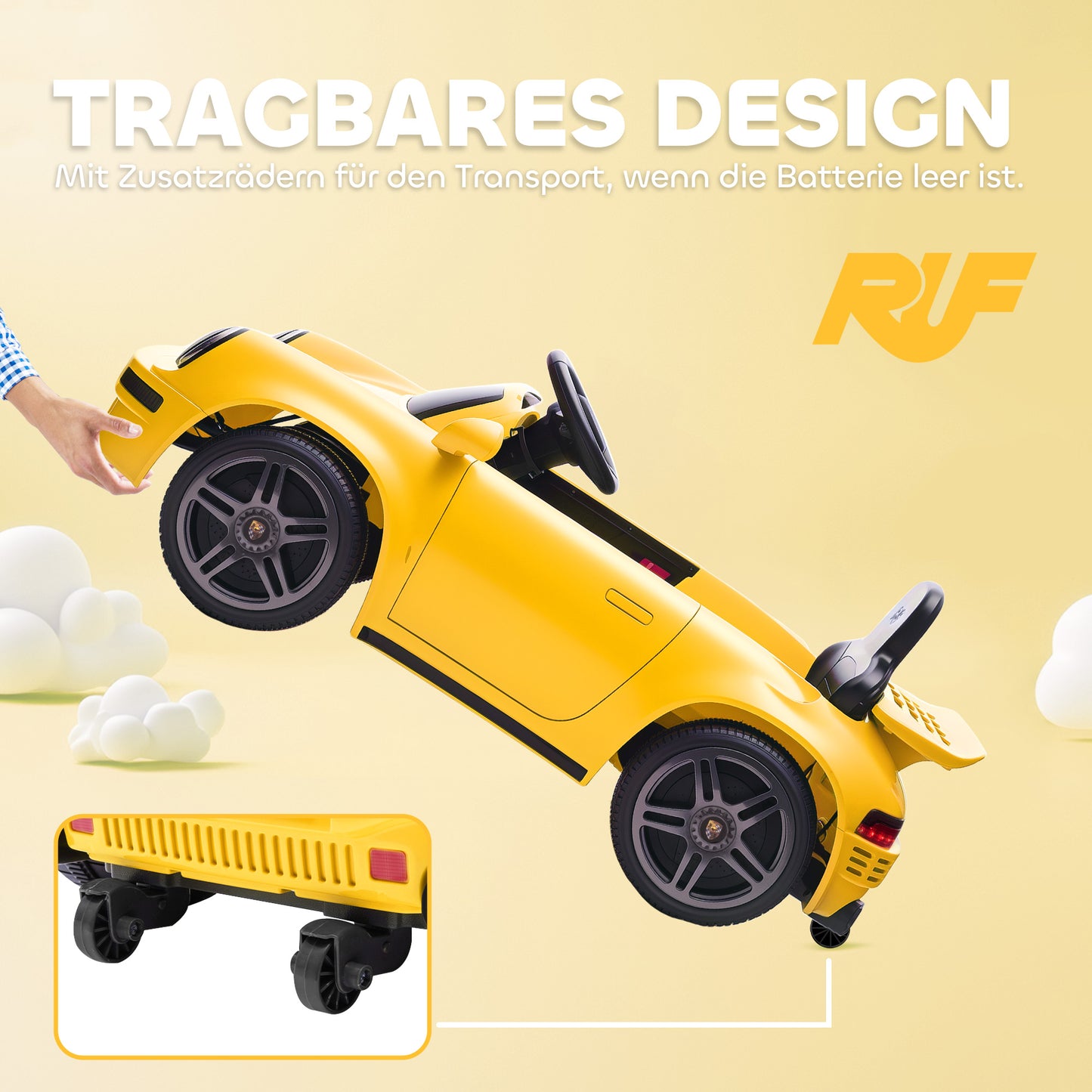 AIYAPLAY Kinder-Elektroauto, 12V Kinderauto mit Fernbedienung, sanfter Start, MP3-Player, LED-Lichter, Hupe, Energieanzeige, Gelb