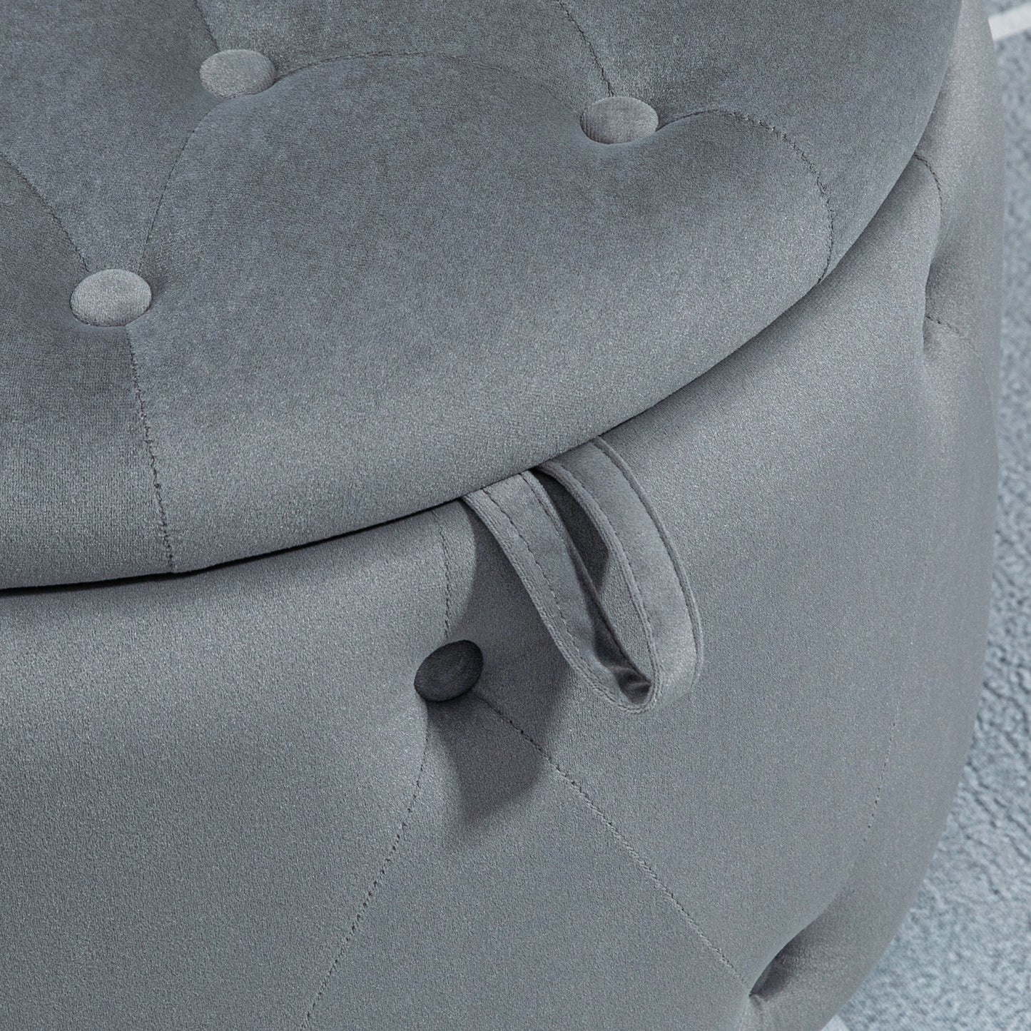 HOMCOM Hocker, rund, mit Staufach, Steppdesign mit Knöpfen, Bezug in Samtoptik, grau, 60 x 60 x 40cm