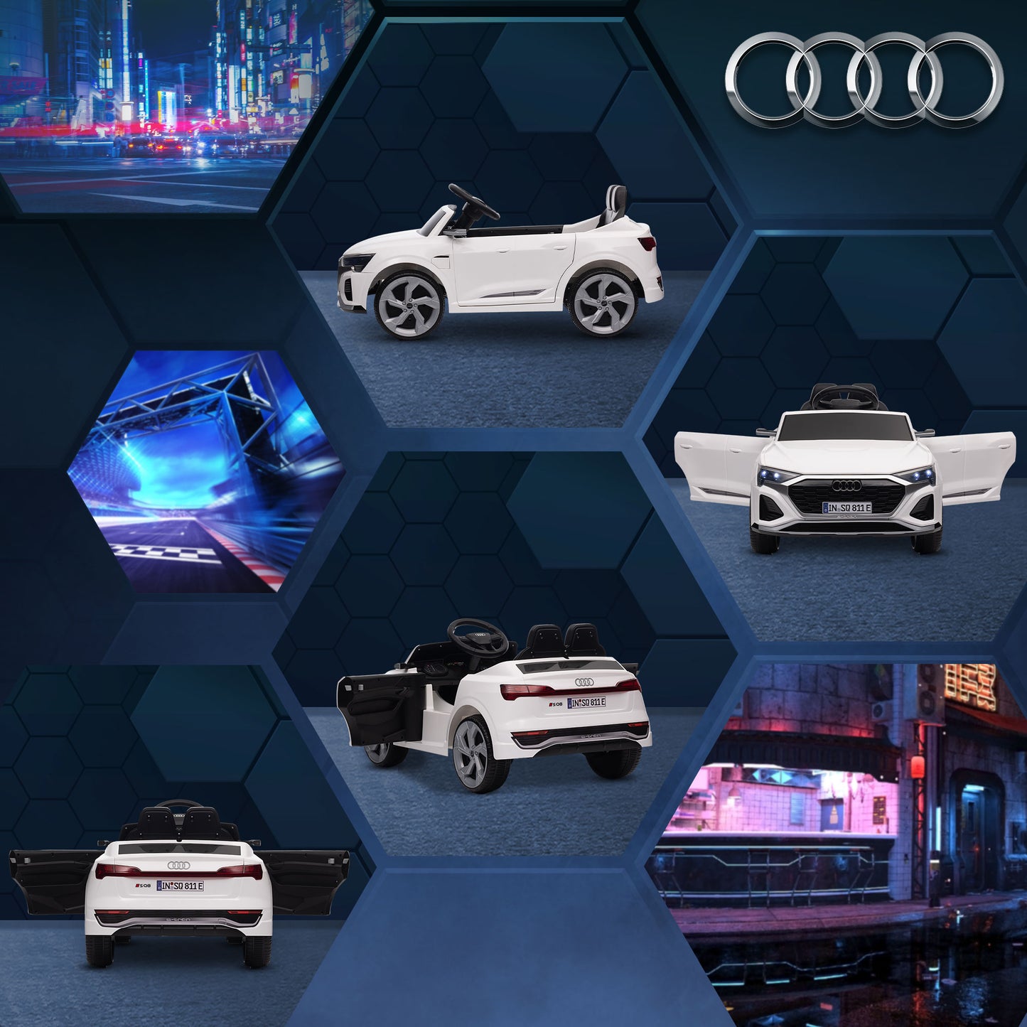 AIYAPLAY Elektro-Kinderauto, 12V Audi Q8, 3-5 km/h, Fernsteuerung, Scheinwerfer, Musik, Weiß