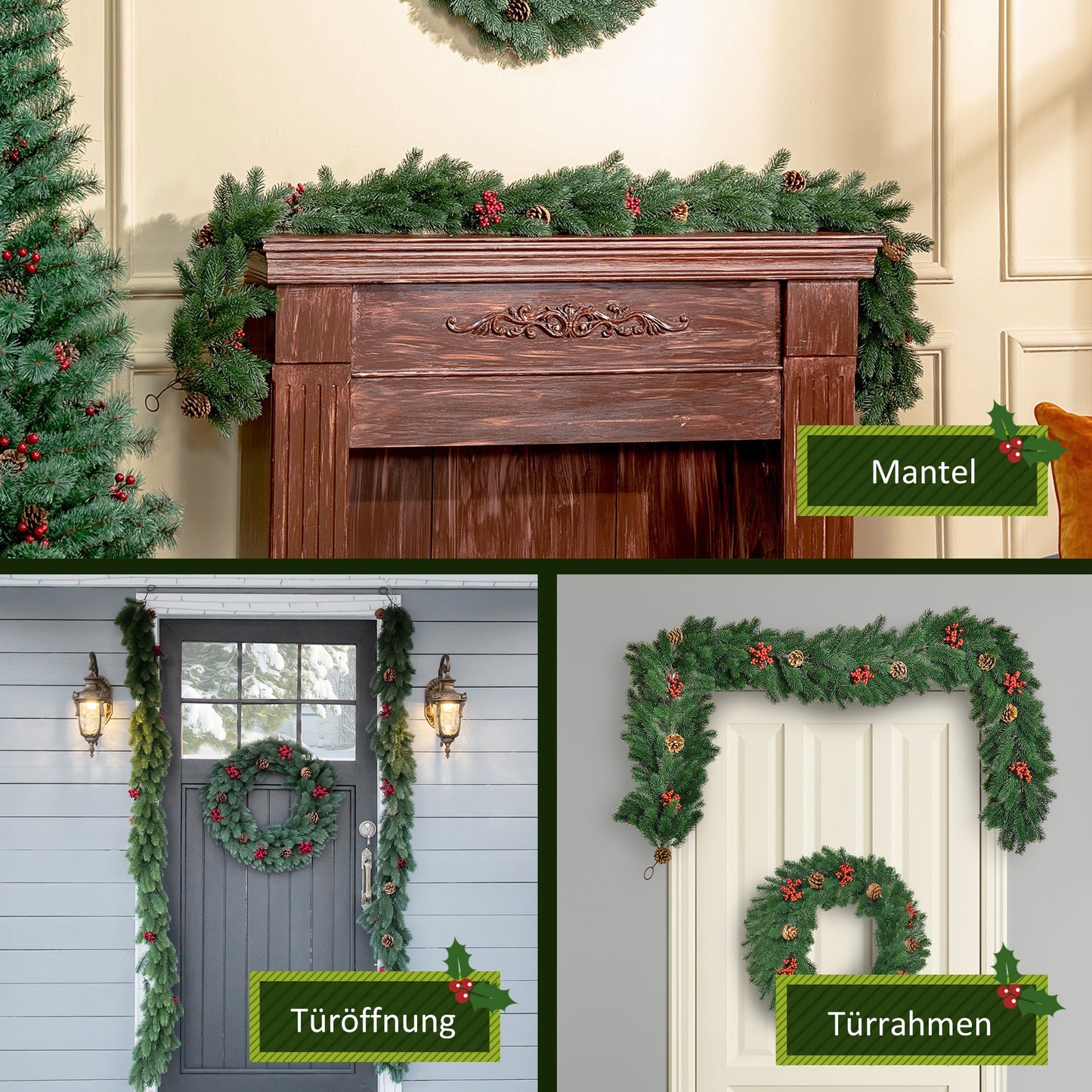 HOMCOM Weihnachtsgirlande 1,9m Tannengirlande Weihnachtsdeko mit Tannenzapfen Beeren Künstliche Girlande Weihnachtsgirlande für Innen & Außen, Grün