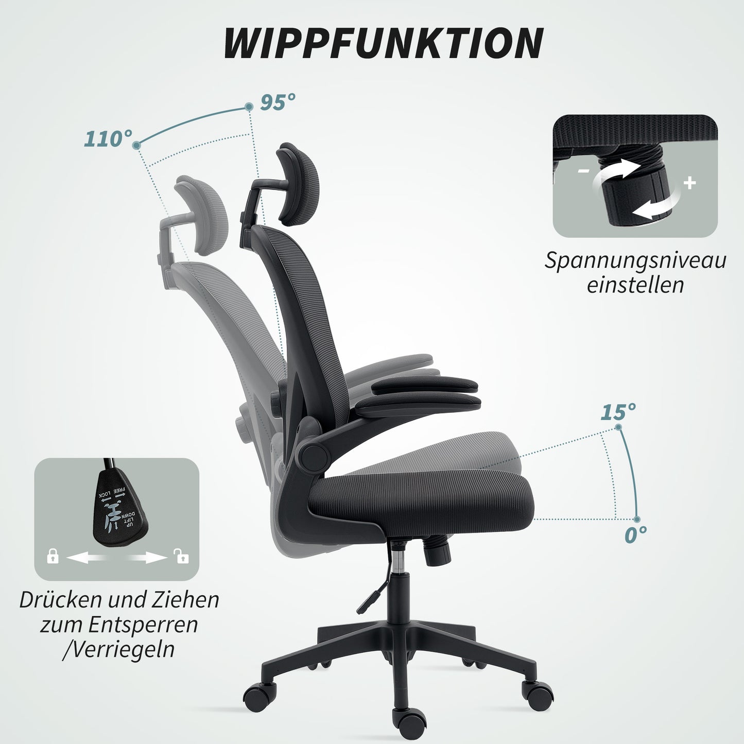 HOMCOM Bürostuhl Ergonomischer Schreibtischstuhl mit Hochklappbaren Armlehnen, Verstellbarer Lendenwirbelstütze Schwarz
