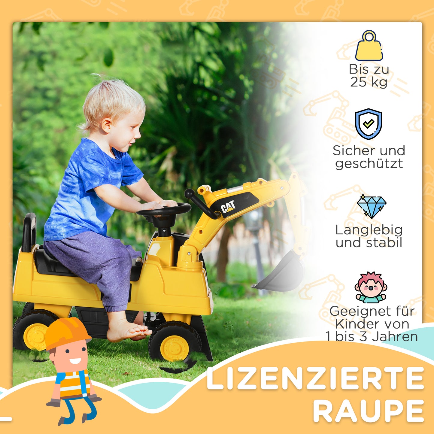 HOMCOM Kinderbagger, Rutscher, bedienbare Schaufel, Kippschutz, rutschfeste Räder, gelb+schwarz, 85 x 27,5 x 47,5 cm