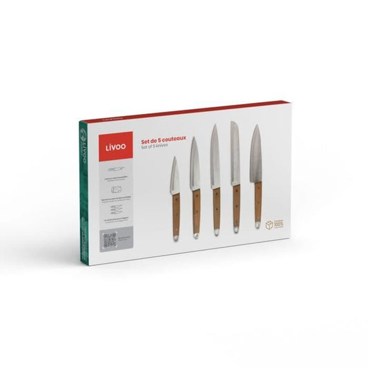 Set of 5 knives - LIVOO - MEC129 - Knives: chef, bread, kitchen, slicing and paring - Stainless steel - Beech handle