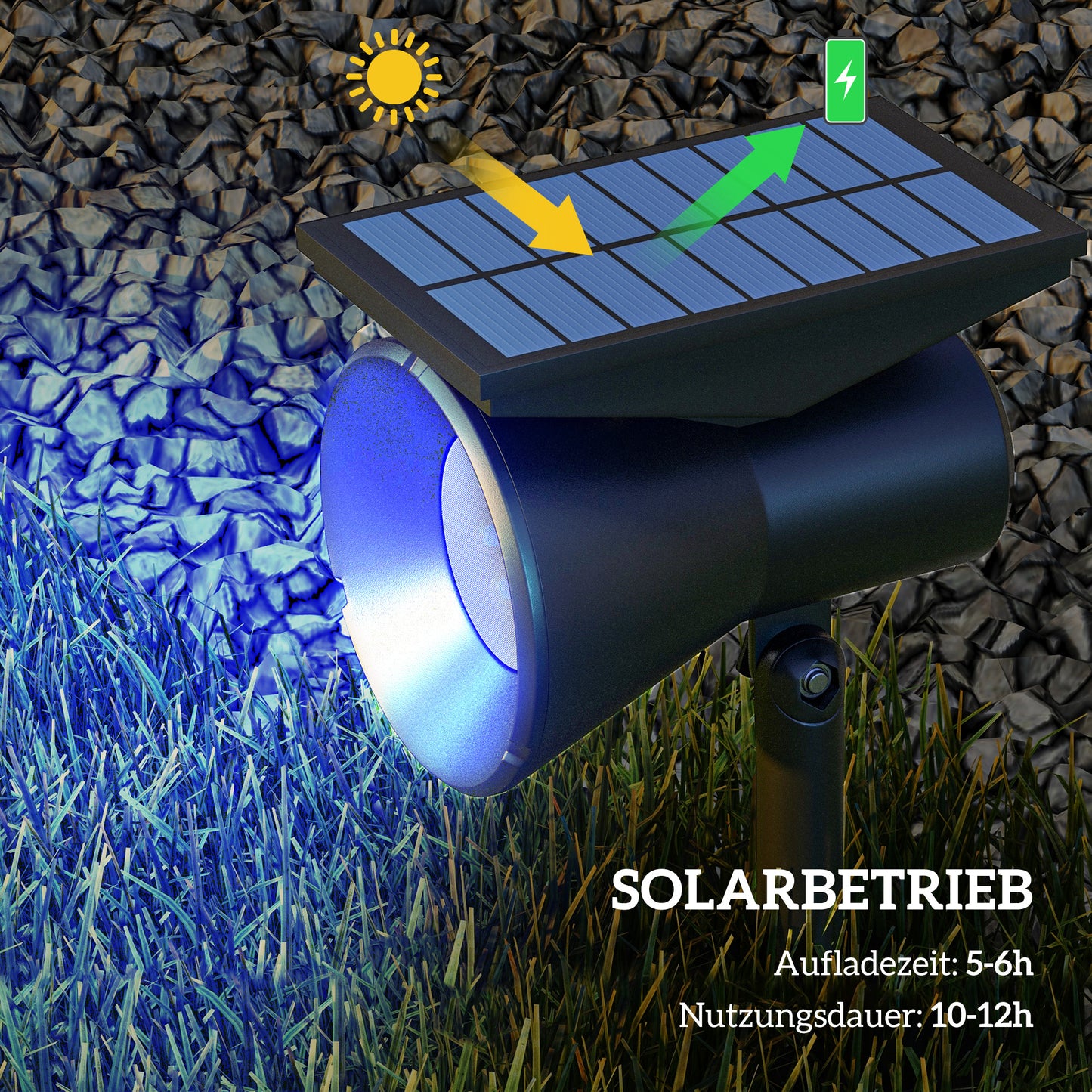 Outsunny Solarleuchten, 2 Stück Solarlampen, Solar Gartenleuchte mit 2 Lichtfarben, Boden-/Wandmontage, IP54 Wasserdicht für Balkon, Terrasse, Schwarz