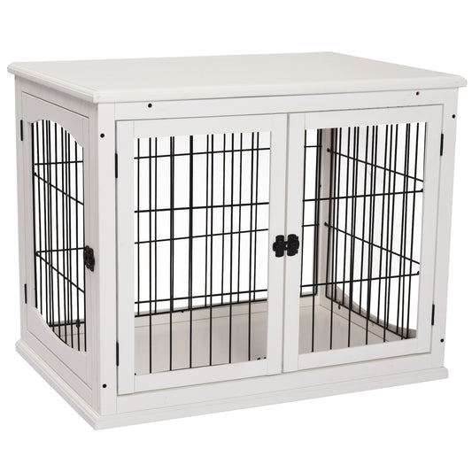 PawHut Transportbox für Hunde 58,5 cm x 81 cm x 66 cm Türen, MDF-Holz Eisen, 58, 5 cm x 81 cm x 66 cm, Weiß