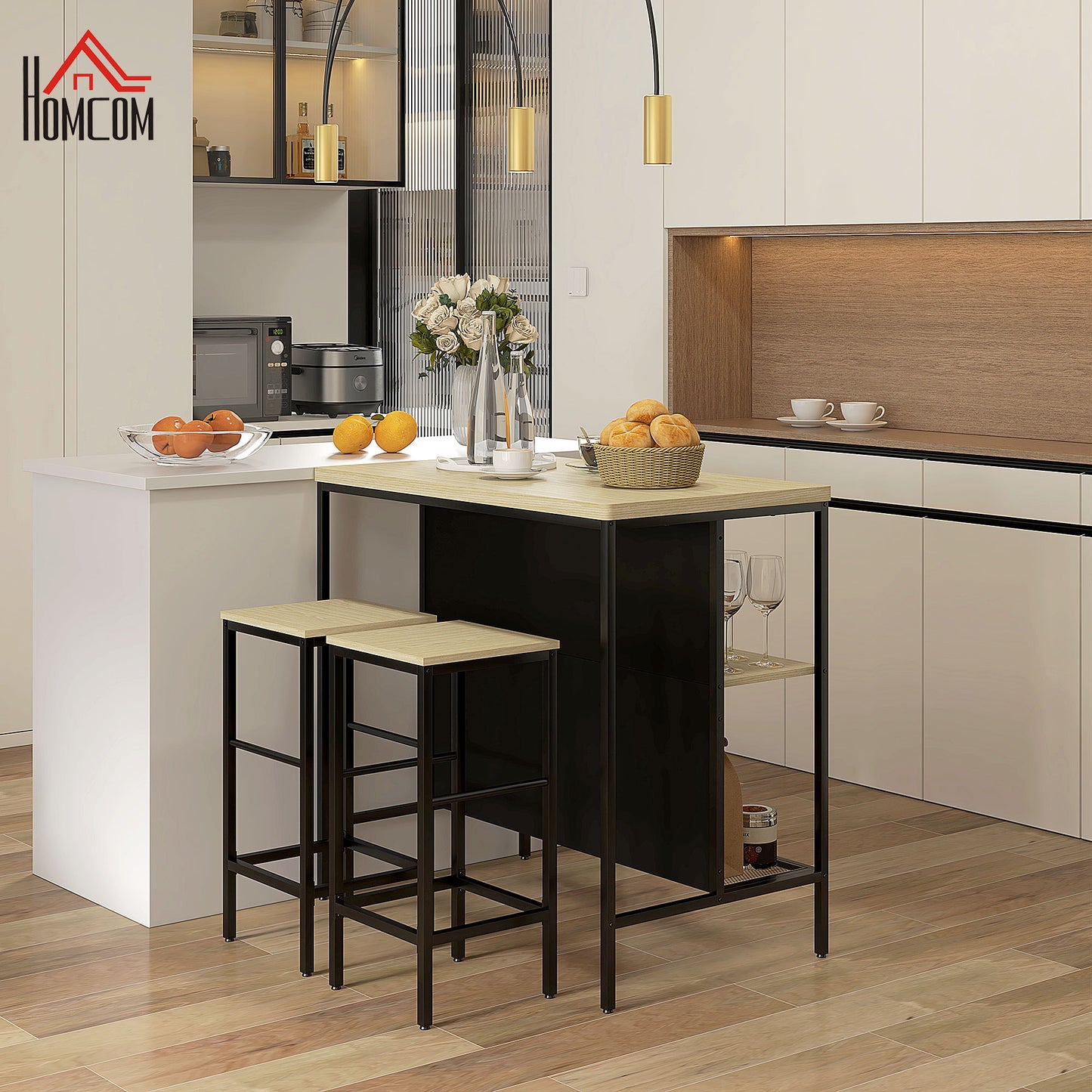 HOMCOM Bar-Set, 2 Barstühle & 1 Bartisch, fleckenresistent, stabil, Stahlrahmen, Schwarz/Eiche