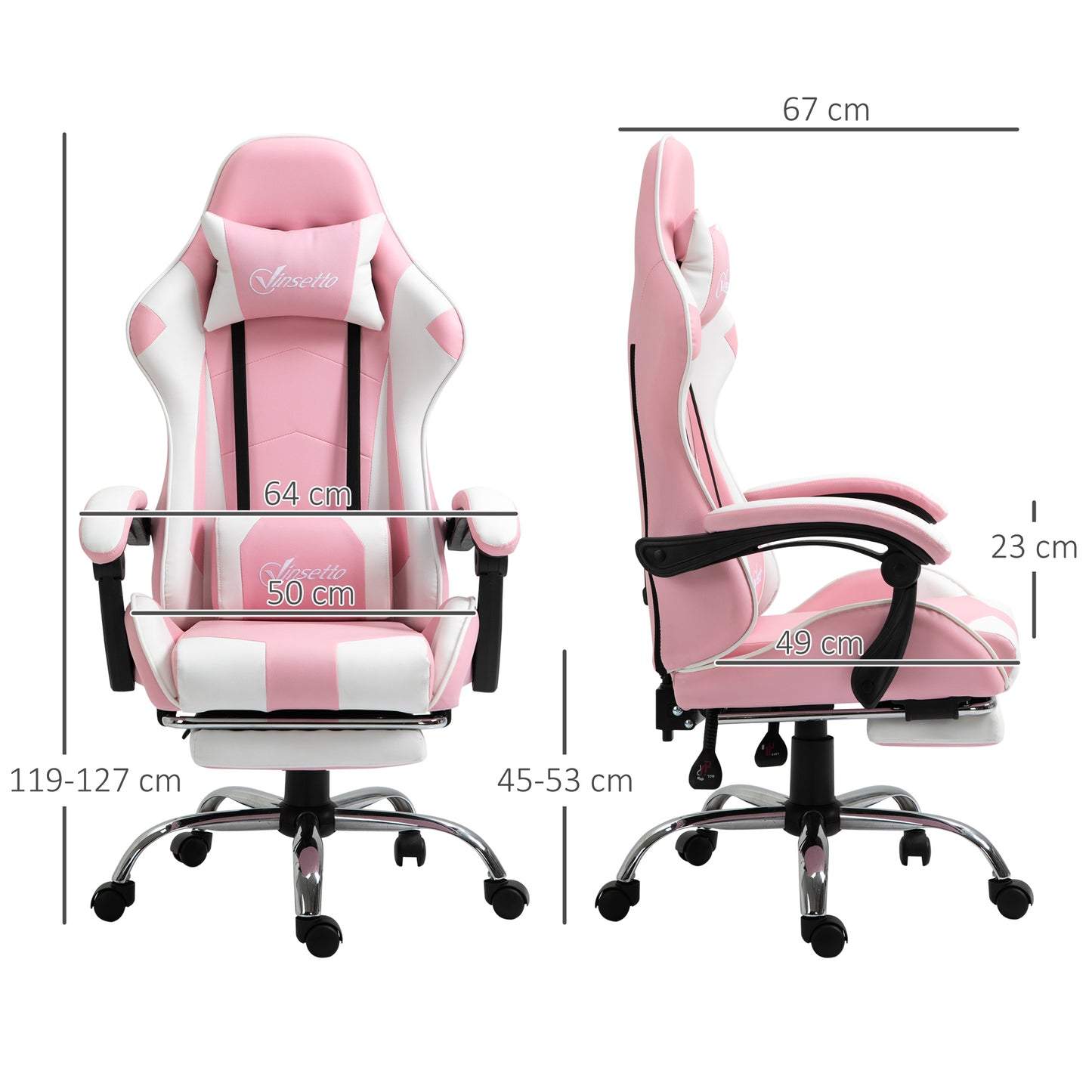 Vinsetto Gamingstuhl Computerstuhl Ergonomischer Bürostuhl Gamer Stuhl mit Kopfstütze Lendenkissen Bürostuhl höhenverstellbar 360°drehbar Schaumstoff Kunstleder PVC Rosa+Weiß 64 x 67 x 119-127 cm