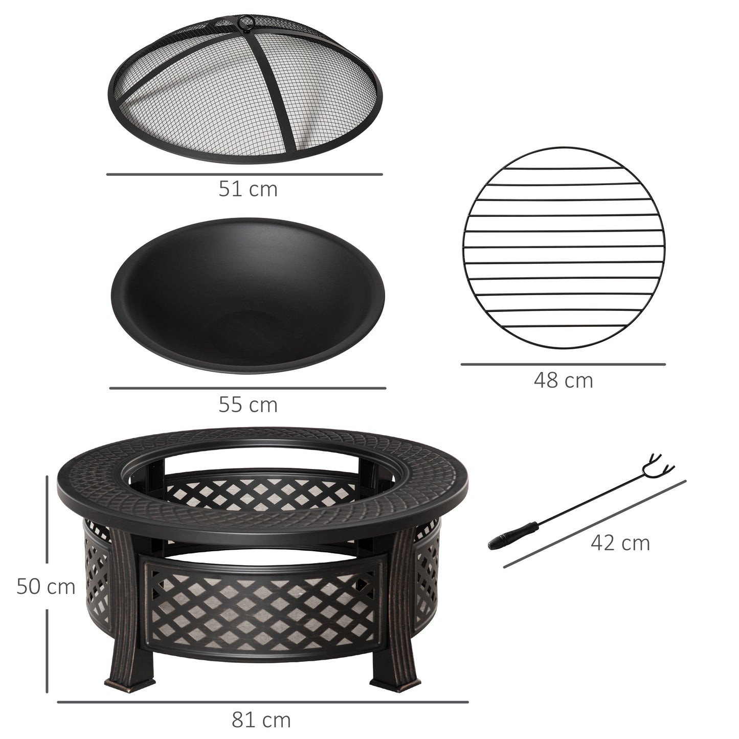 Outsunny Feuerschale mit Schürhaken Funkenschutz Feuerkorb Feuertisch rund Feuerstelle für Garten Camping BBQ Stahl Schwarz 81 x 81 x 50 cm