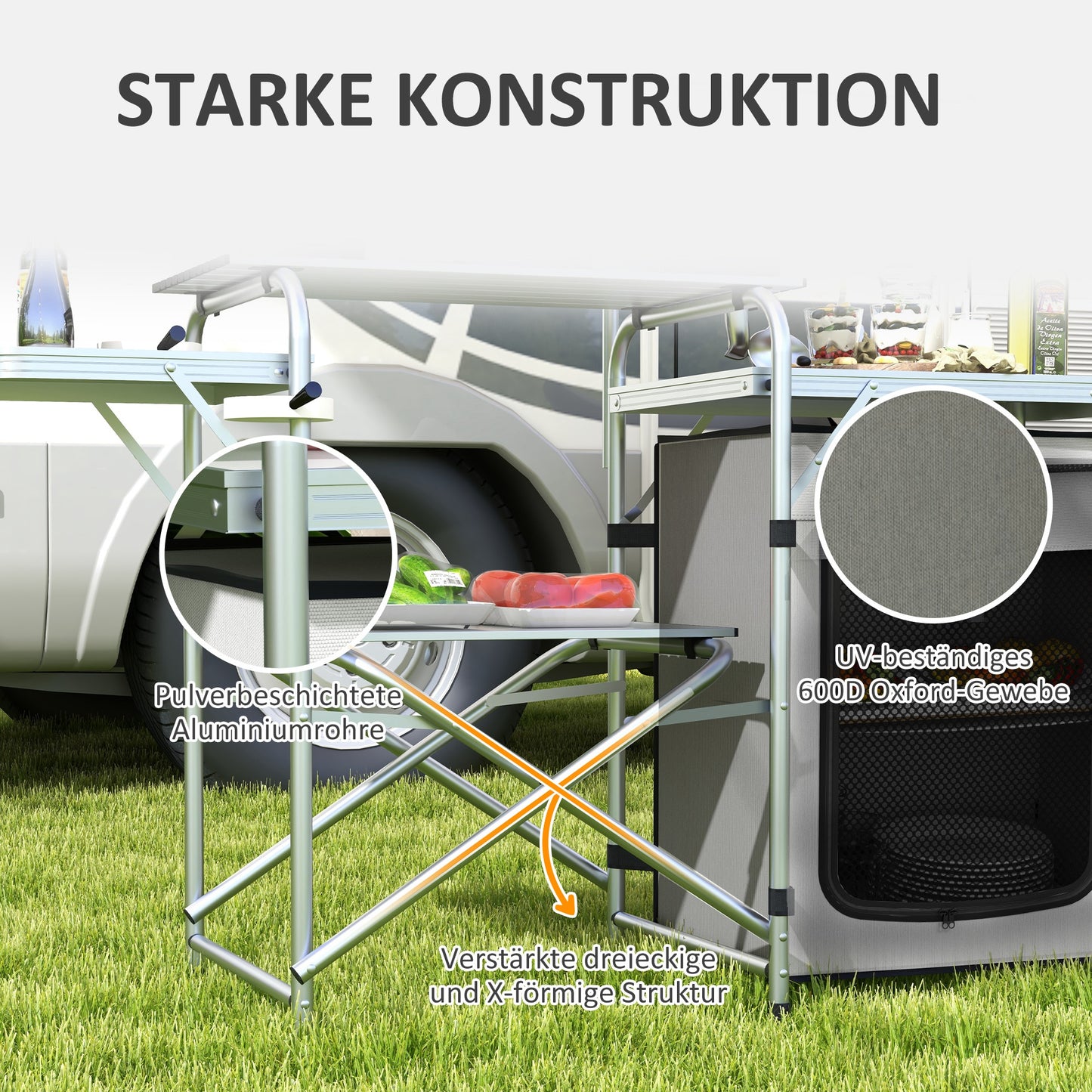 Outsunny Campingküche, faltbar, 3 Arbeitsplatten, Windschutz, Stoffschrank, 144x48x119cm, Silber