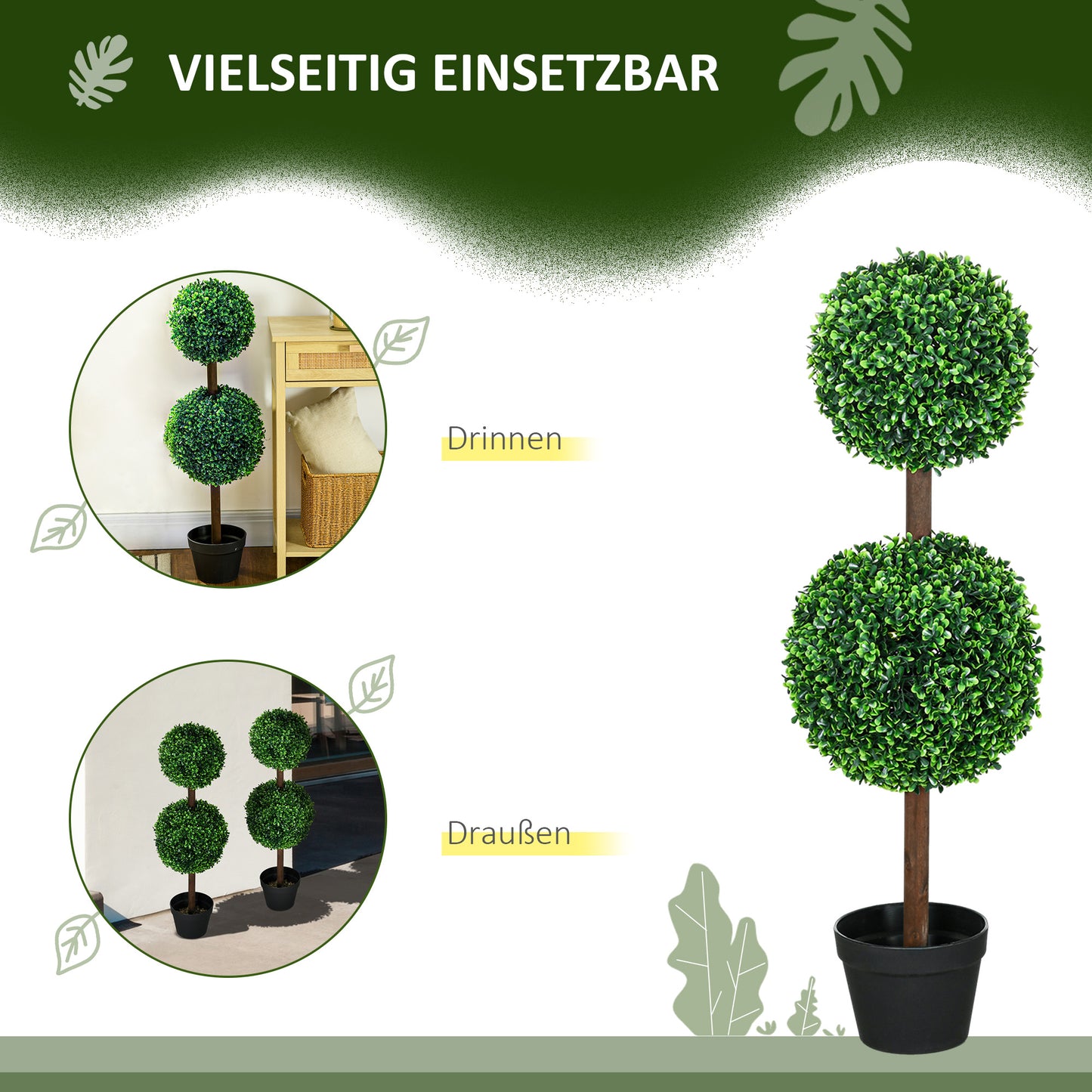 HOMCOM Künstliche Pflanzen, 2er-Set Buchsbaum, 90 cm Kunstpflanze, Kunstbaum, Deko-Pflanze für Indoor und Outdoor, Grün