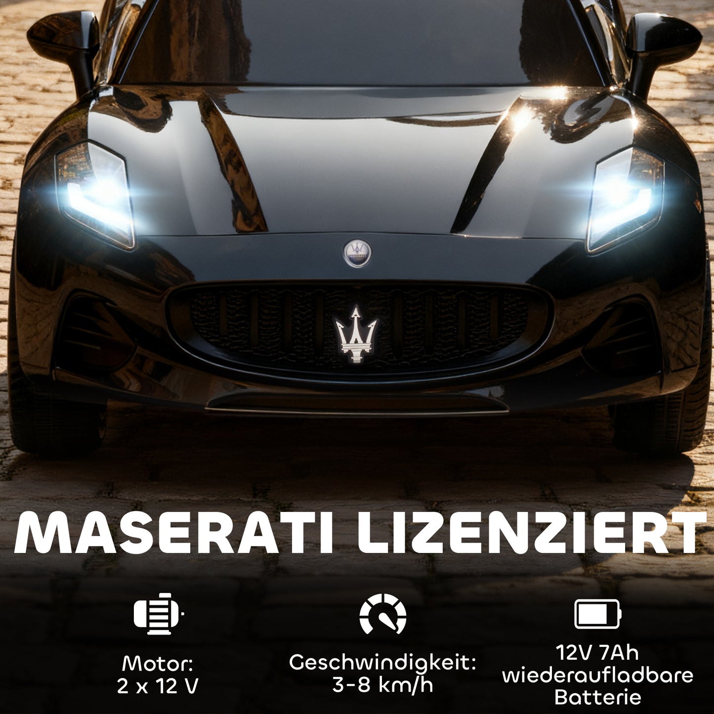 AIYAPLAY Maserati Elektroauto für Kinder, 2-Sitzer, 12V Batteriebetrieb, Fernbedienung, LED-Lichter, Musikfunktion, Schwarz