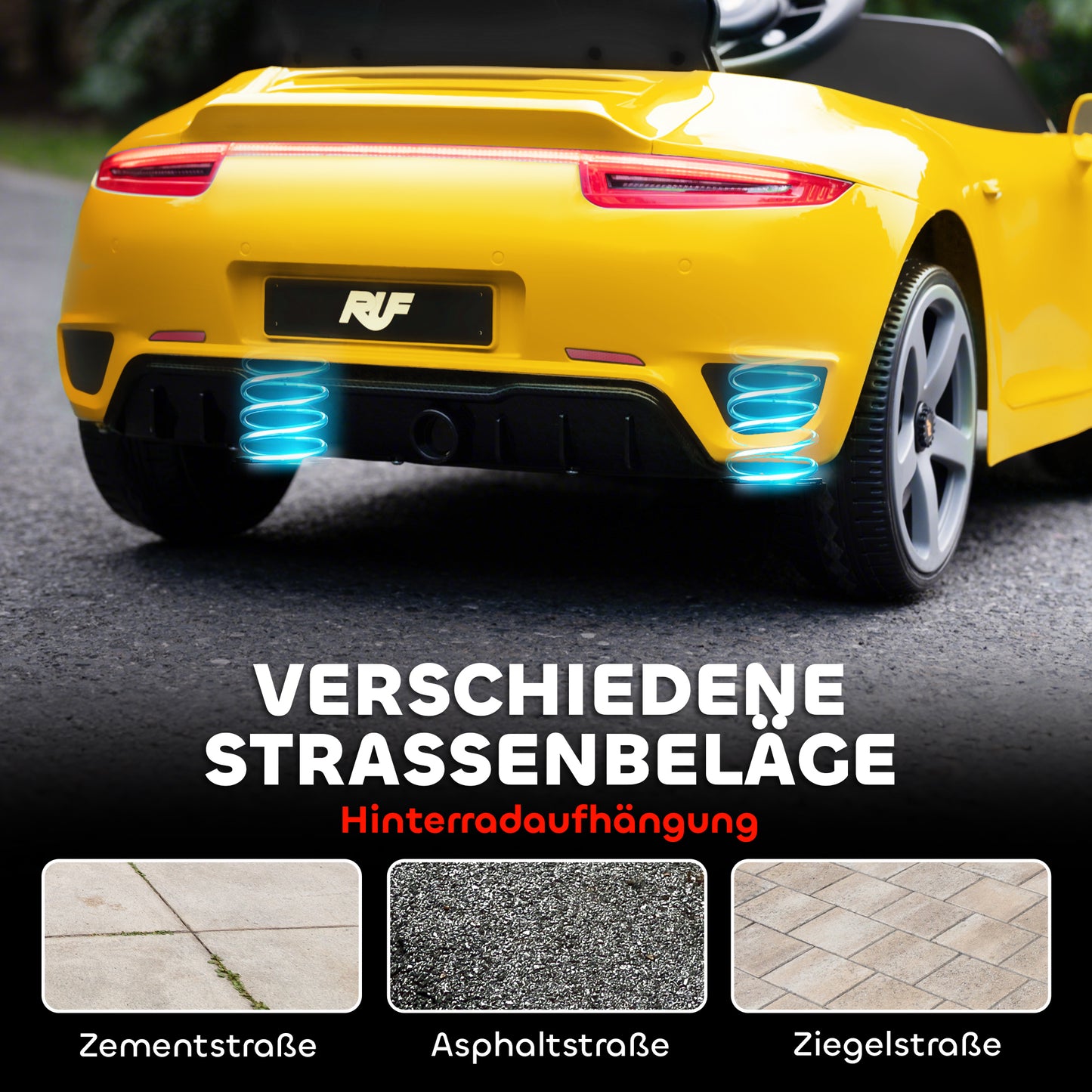 AIYAPLAY Elektrisches Aufsitzauto für Kinder, fernsteuerbar, Musik, Hupe, USB, Sicherheitsgurt, für 3-5 Jahre, Gelb