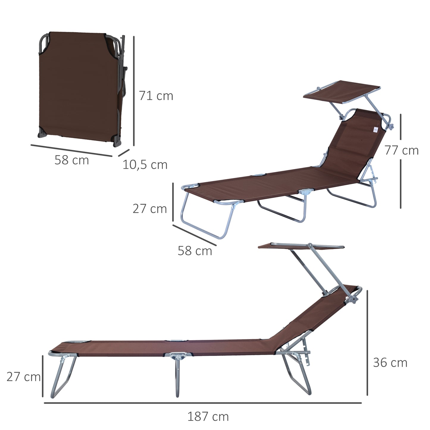 Outsunny Sonnenliege klappbar Gartenliege mit Sonnenschutz Liegestuhl mit 4-Fach verstellbare Rückenlehne Campingliege bis 120kg belastbar für Garten, Balkon und Pool geeignet, 6 Farben(Braun )