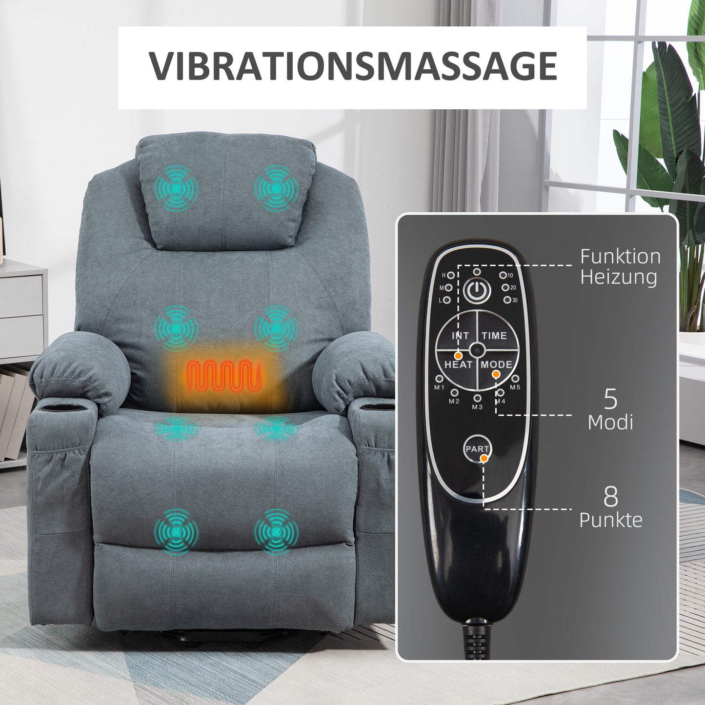 HOMCOM Massagesessel Aufstehhilfe Seniorensessel, 8 Massagepunkte, Seitentaschen, Fernbedienung, 90L x 101B x 107 cm, Grau