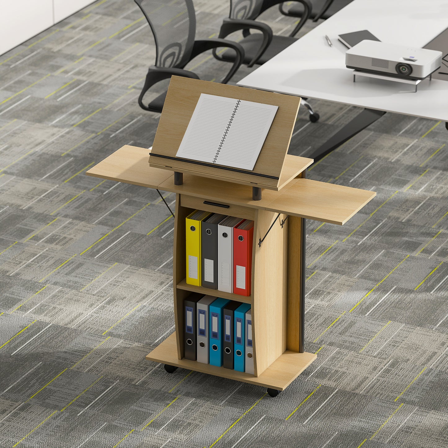 HOMCOM Rollbarer Podiumsständer, Redepult mit klappbaren Seitenflügeln, Laptop-Tisch mit Schublade und Regalen, Eichenoptik