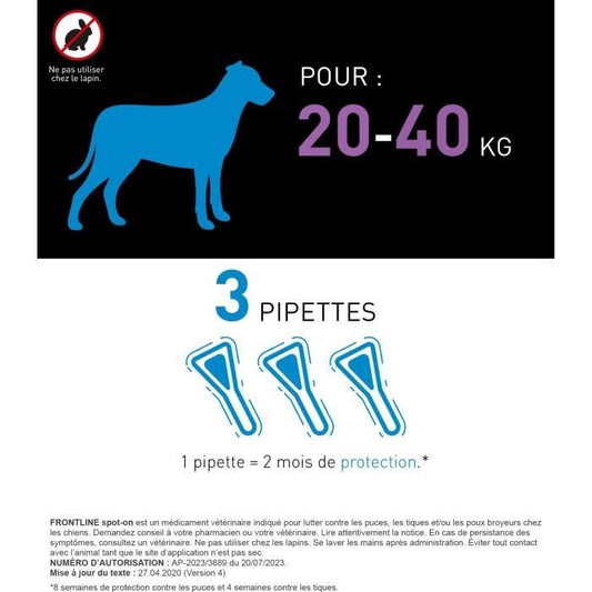 FRONTLINE 3 SPOT ON Antiparasitic Pipettes for Dogs - 20-40 kg - Fleas, ticks, lice