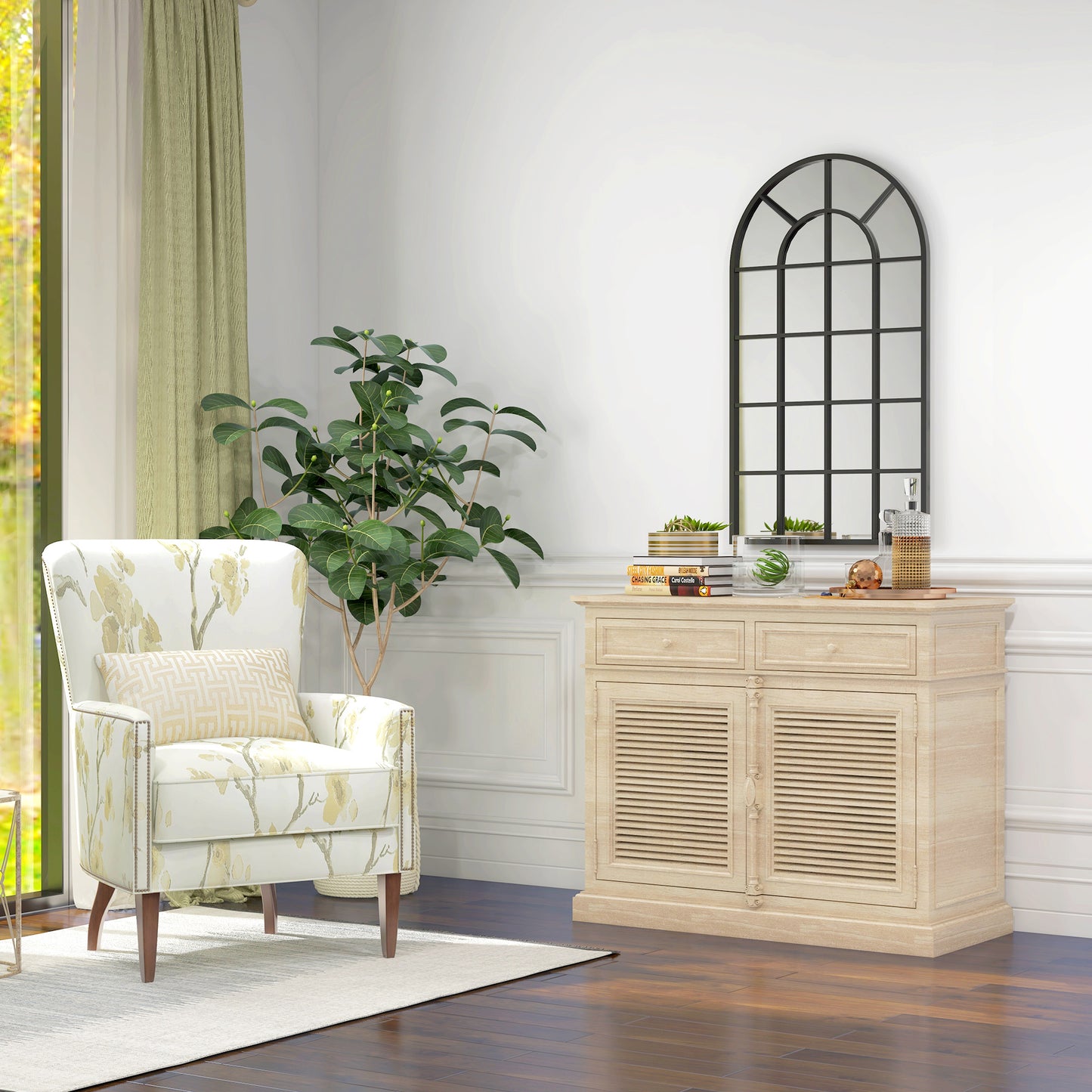 HOMCOM Dekospiegel großer Spiegel, Fensteroptik, Bogenförmig, inkl. Aufhängung. Schwarz + Spiegelglas