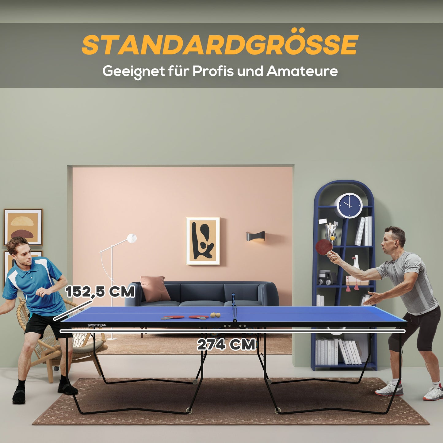SPORTNOW Tischtennisplatte, klappbar, 8 Räder, pulverbeschichteter Stahlrahmen, MDF, 274 x 152,5 x 76 cm, Blau