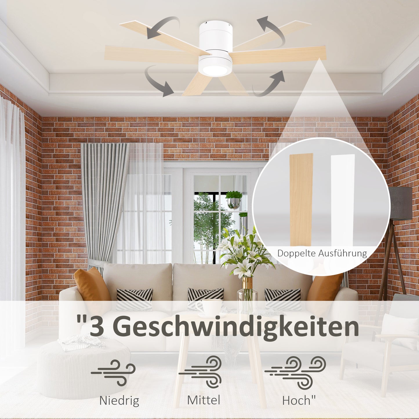 HOMCOM Deckenventilator mit LED-Licht, 2-in-1 Design, mit Timer, Fernbedienung, Deckenlampe mit Ventilator, Weiß+Naturholz
